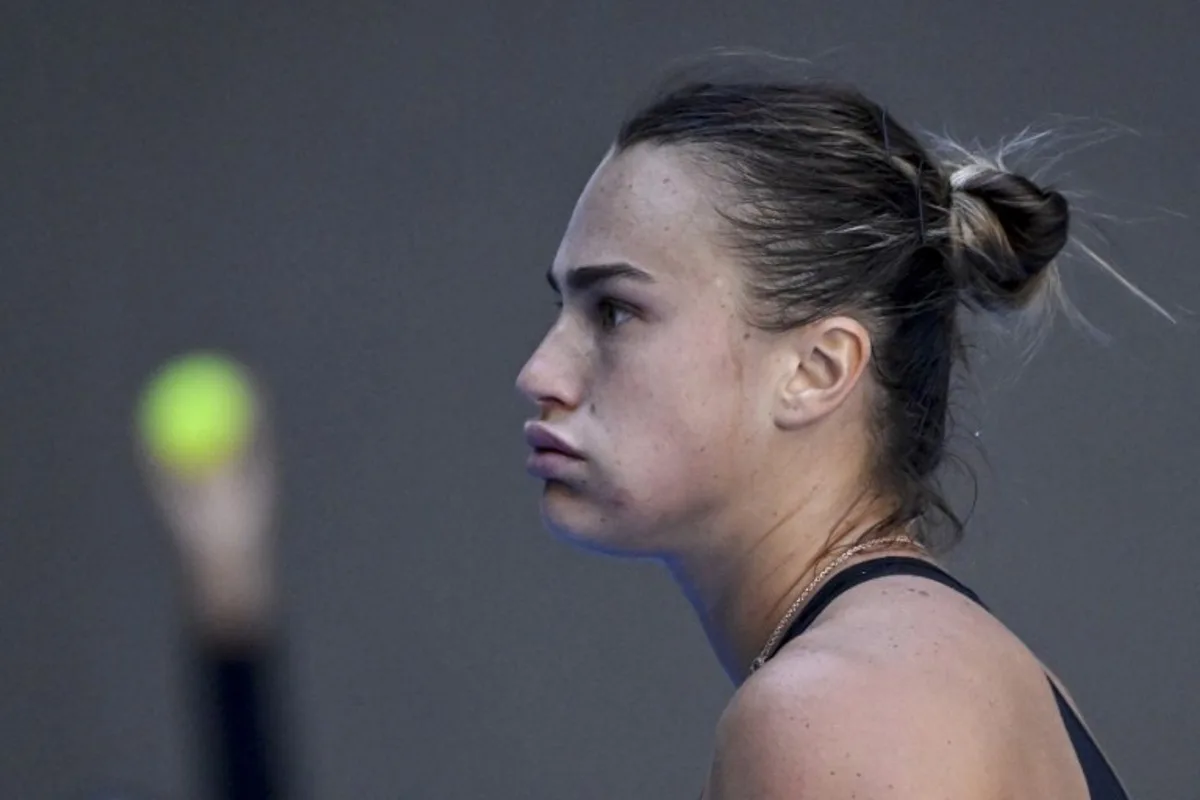 Belarus's Aryna Sabalenka reacts during the women's singles match against Madison Keys of US at the China Open tennis tournament in Beijing on October 2, 2024.  WANG Zhao / AFP