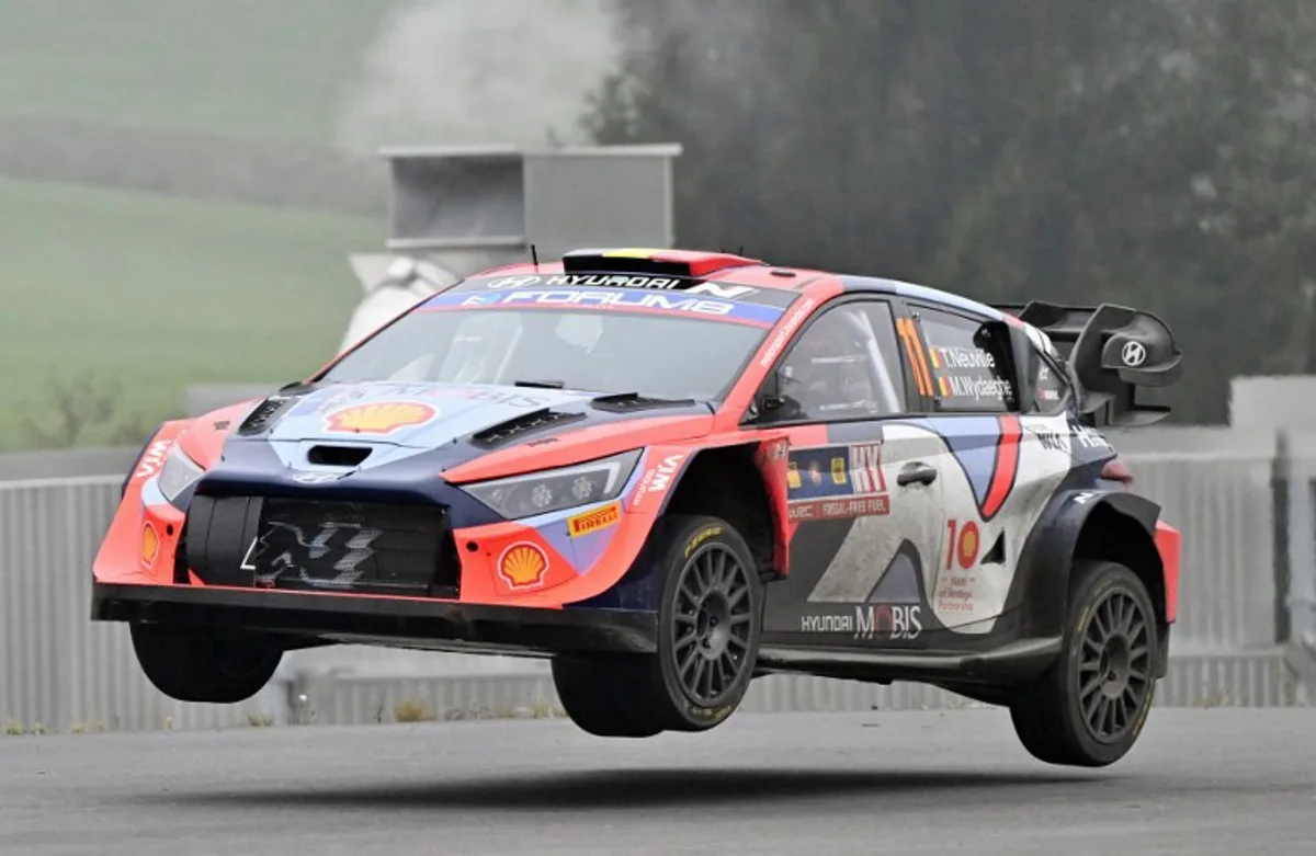 Belgium's Thierry Neuville and his co-driver Martijn Wydaeghe compete in their Hyundai i20 N Rally1 Hybrid during the WRC Central European Rally 2024 near Passau, southern Germany on October 19, 2024.   KERSTIN JOENSSON / AFP