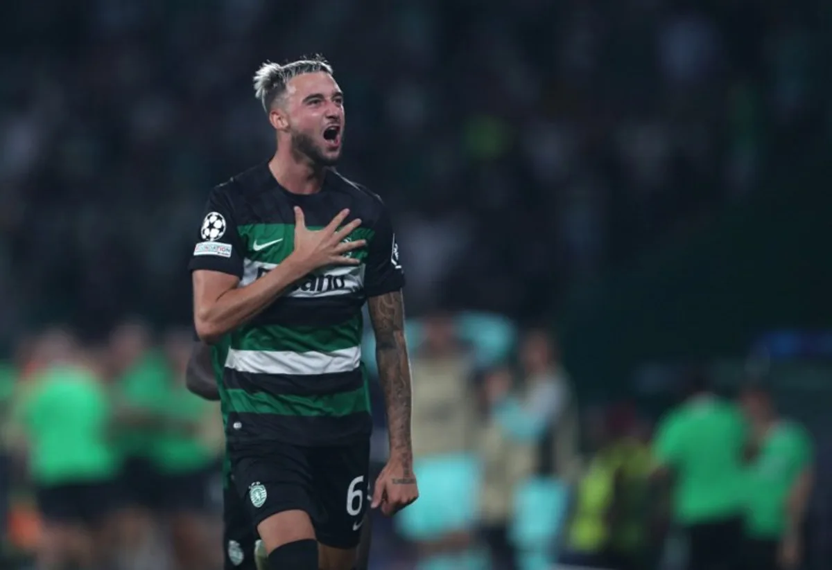 Sporting Lisbon's Belgian defender #06 Zeno Debast celebrates scoring his team's second goal during the UEFA Champions League 1st round day 1 football match between Sporting CP and LOSC Lille, at Alvalade stadium in Lisbon, on September 17, 2024.  CARLOS COSTA / AFP