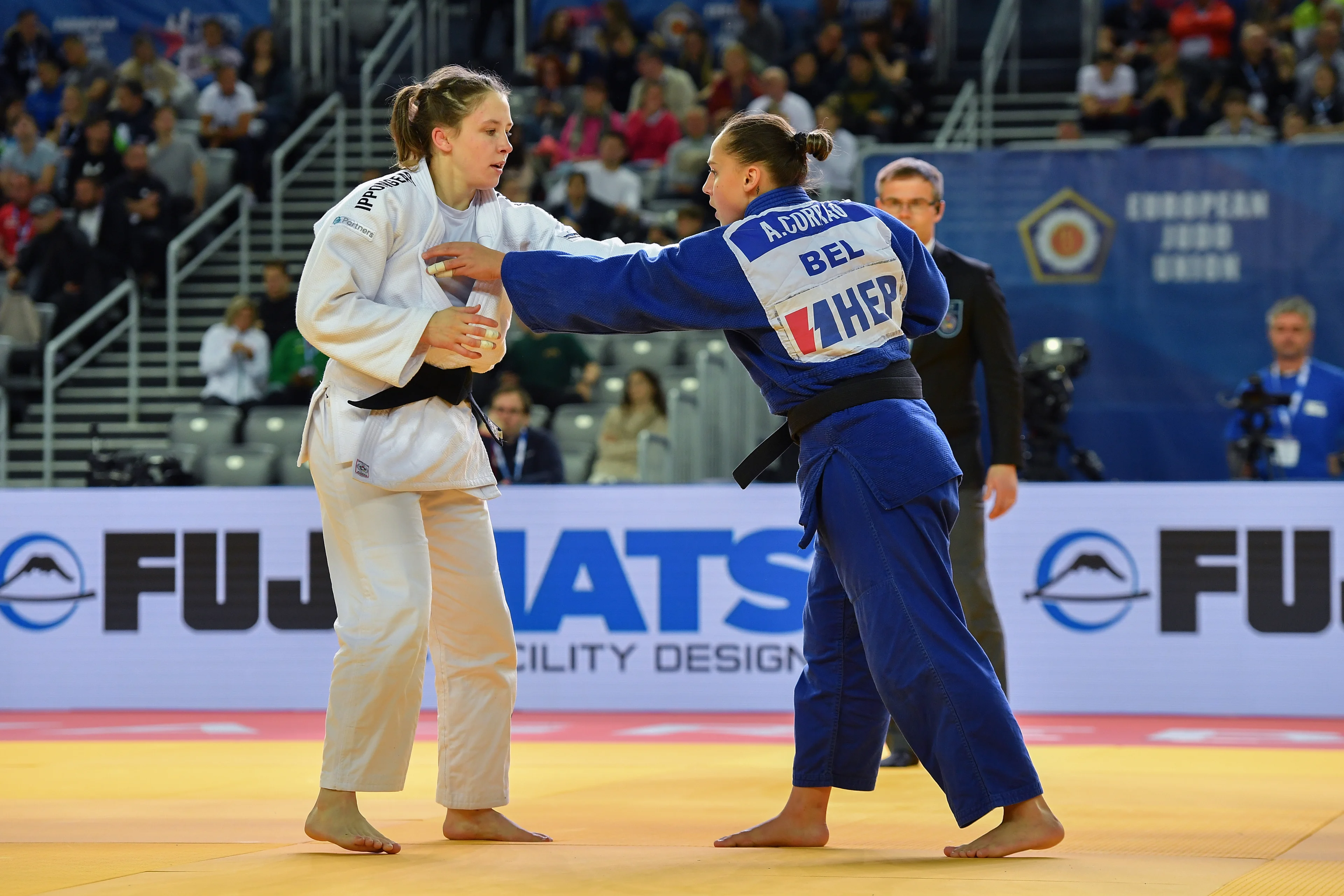 Czech Renata Zachova (white) and Belgian Alessia Corrao (blue) pictured in action during a fight in the women's -63kg pool A at the European Championships judo in Zagreb, Croatia on Friday 26 April 2024. The tournament is taking place from 25 tot 27 April.  BELGA PHOTO NIKOLA KRISTC