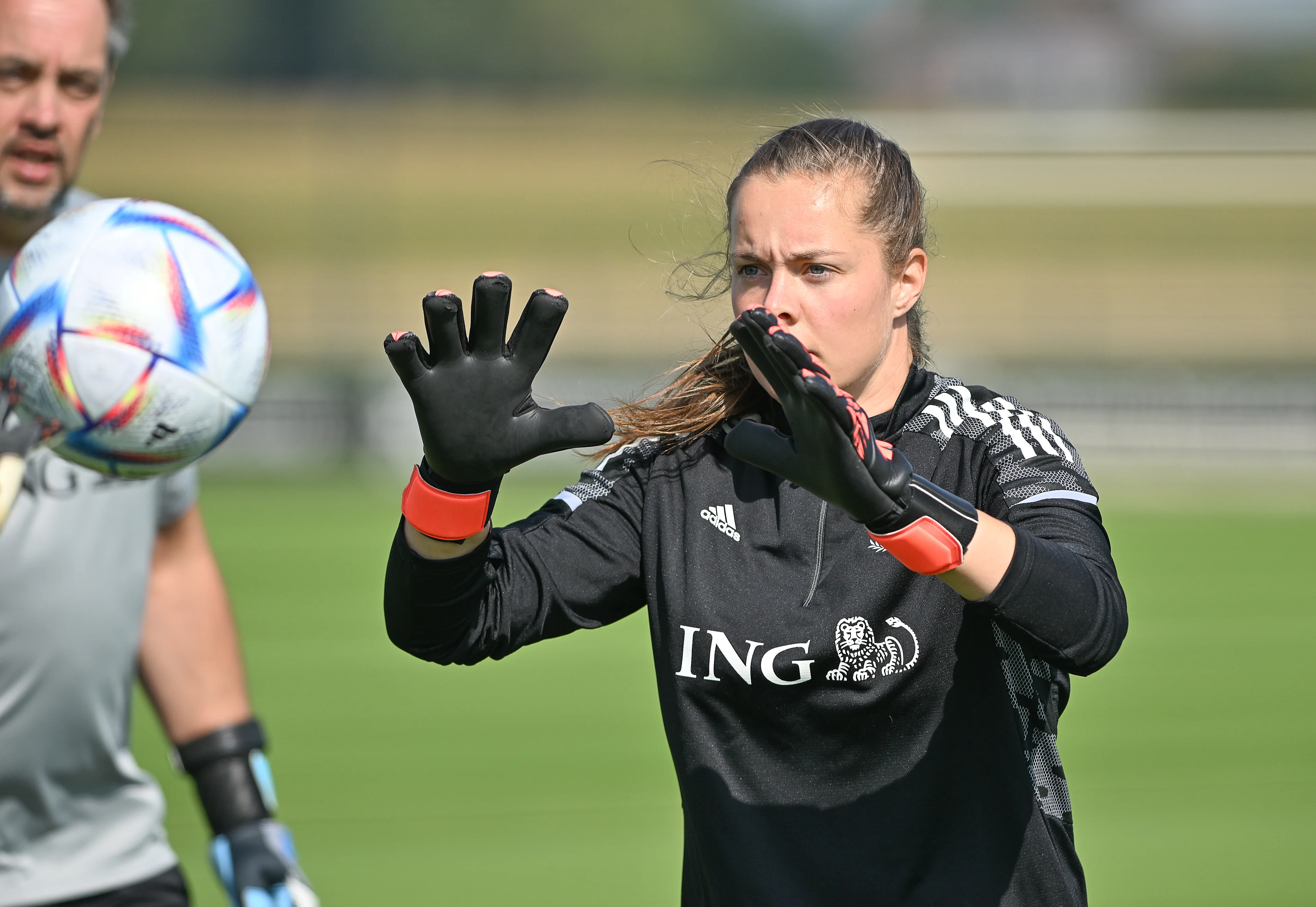 Belgium's goalkeeper Diede Lemey pictured in action during a training session of Belgium's national women's soccer team the Red Flames, in Tubize, Thursday 01 September 2022. On Friday the team will play Norway in the qualifications for the World Championships. BELGA PHOTO DAVID CATRY