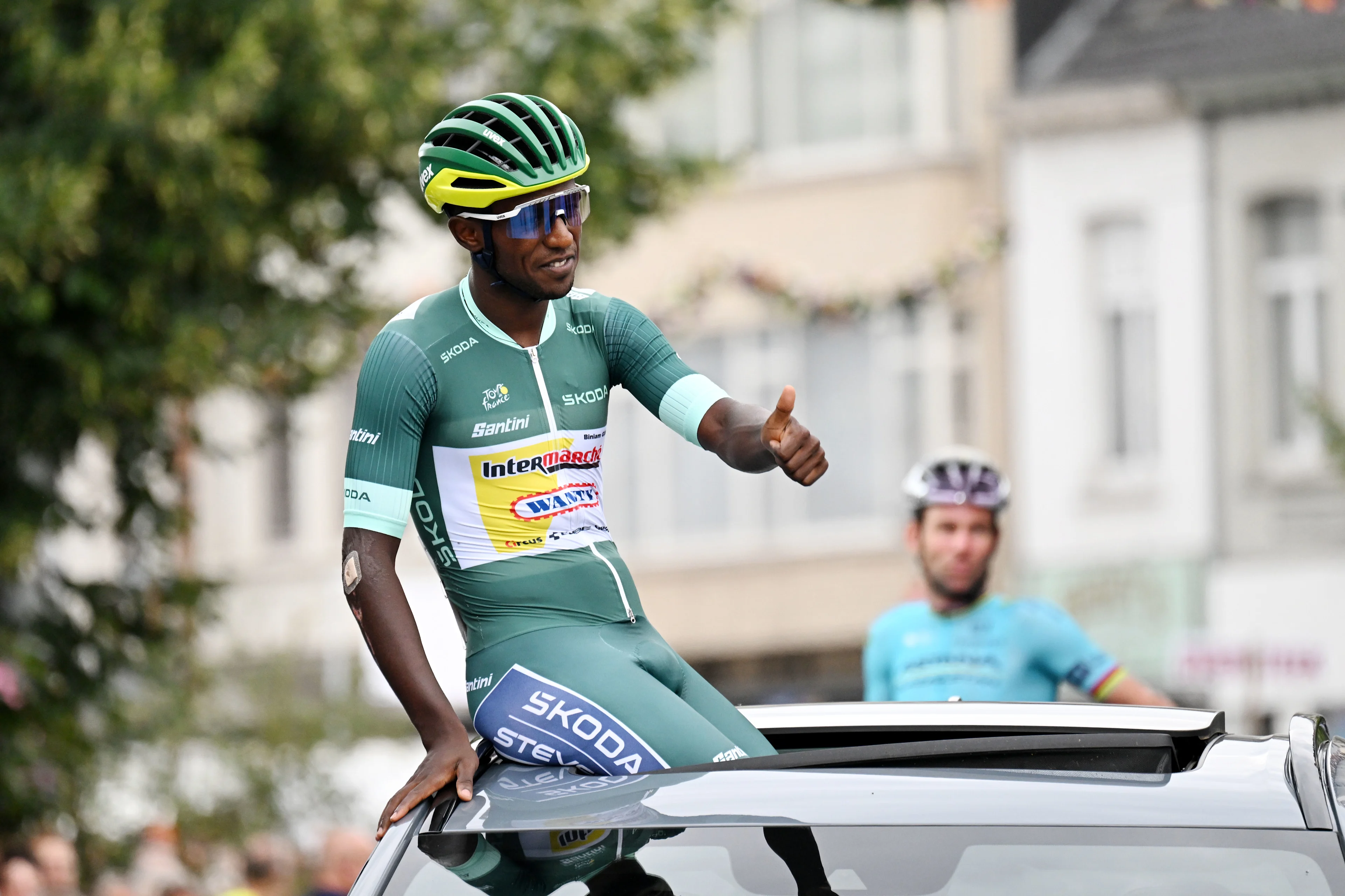 Eritrean Biniam Girmay Hailu of Intermarche-Wanty pictured ahead of the 'Natourcriterium Herentals' cycling race, Thursday 25 July 2024 in Herentals. The contest is a part of the traditional 'criteriums', local races in which mainly cyclists who rode the Tour de France compete. BELGA PHOTO MAARTEN STRAETEMANS