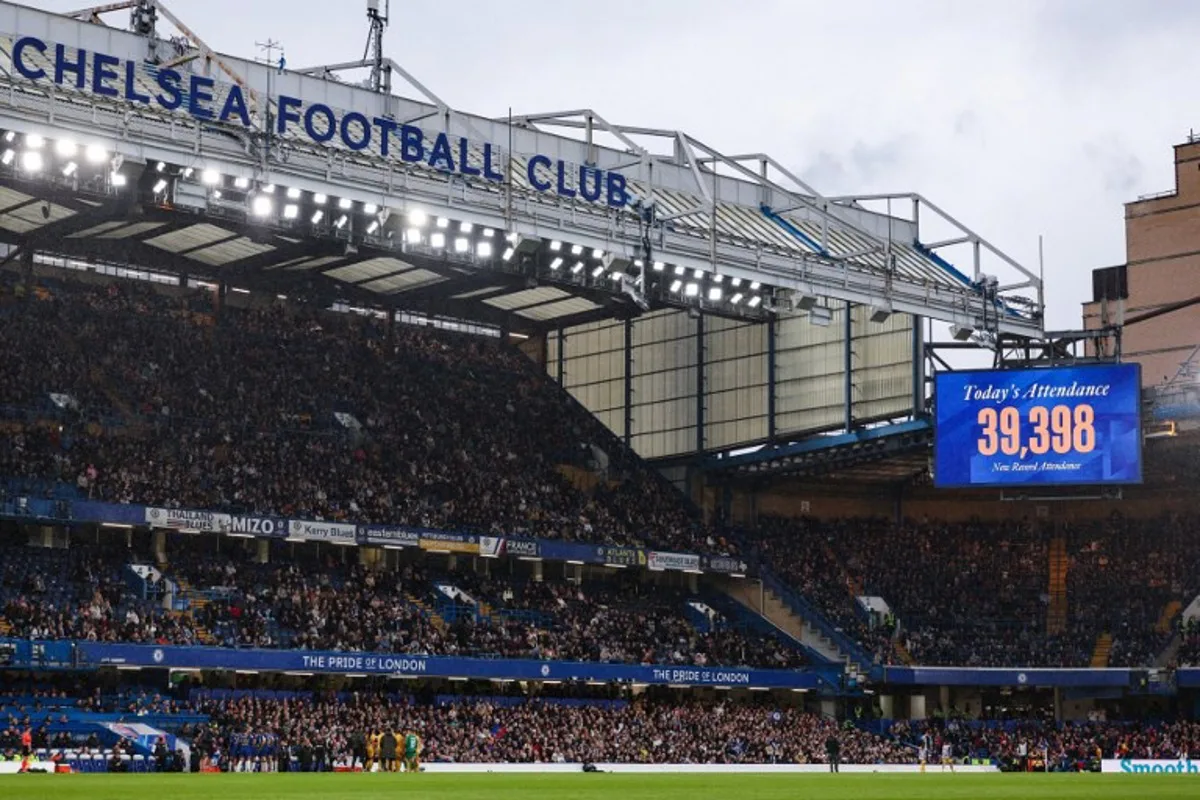 A giant screen indicates the number of people attending the UEFA Women's Champions League semi-final second leg football match between Chelsea and Barcelona at Stamford Bridge, in London, on April 27, 2024. Adrian DENNIS / AFP