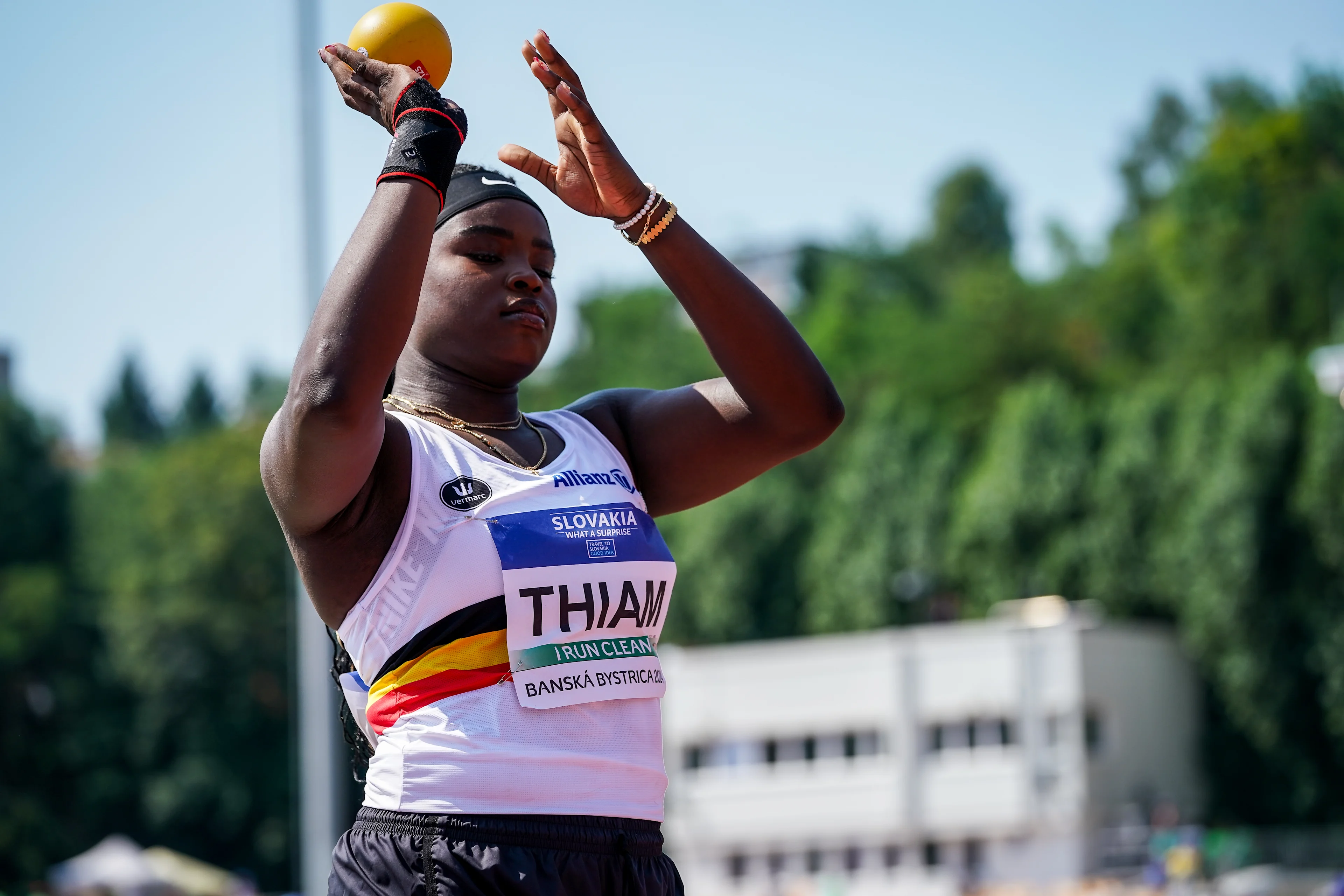 Belgian Nafy Thiam pictured in action during the qualifications of the shot put event at the European Athletics U18 Championships, in Banska Bystrica, Slovakia, Thursday 18 July 2024. The European U18 championships take place from 18 to 21 July. BELGA PHOTO COEN SCHILDERMAN