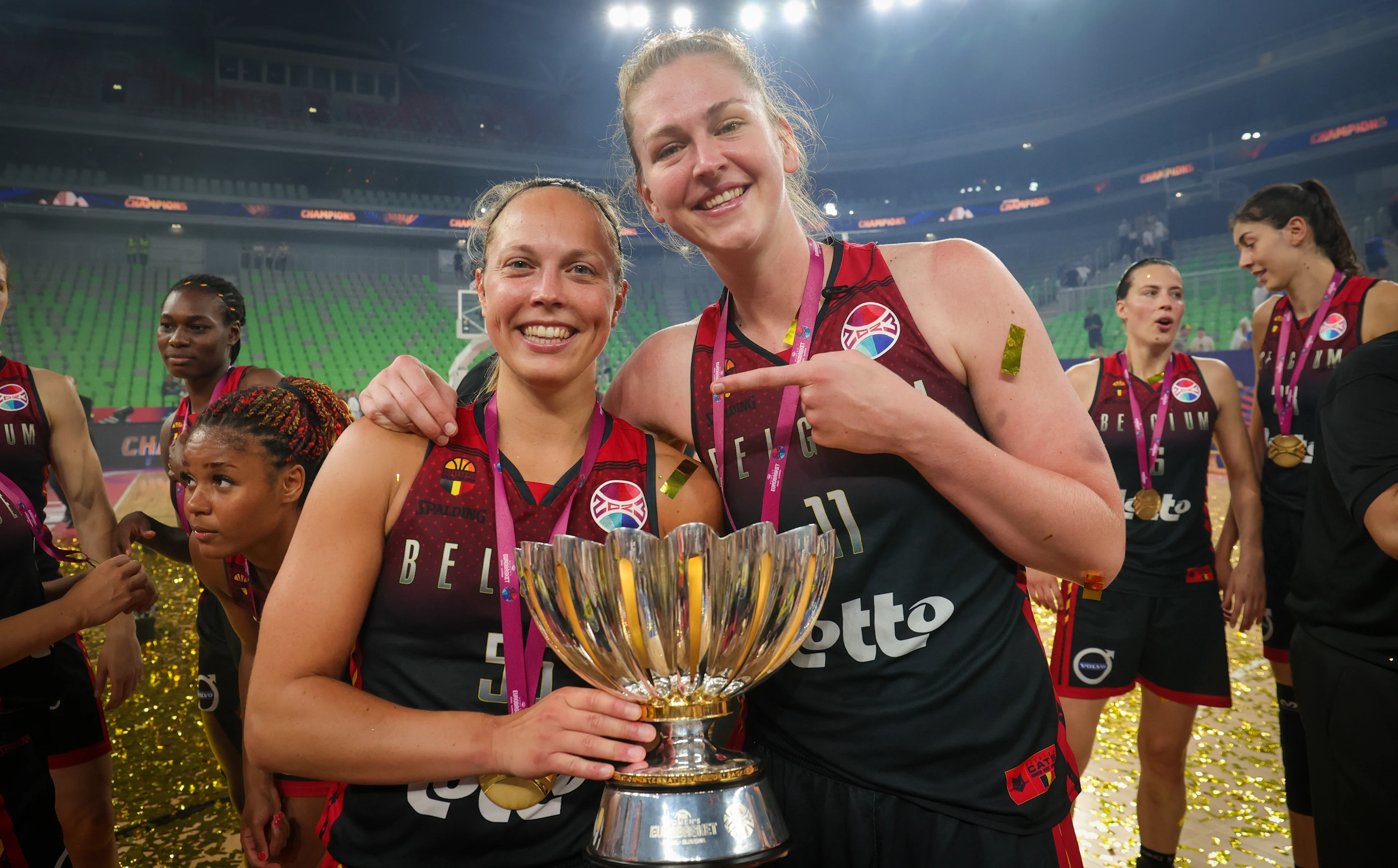 Belgium's Julie Allemand and Belgium's Emma Meesseman pose with the trophy, celebrations after the Belgian Cats won the final basketball game and became European champion for the first time, after the final between Belgian national women's team 'the Belgian Cats' and Spain, in Ljubljana, Slovenia on Sunday 25 June 2023, at the FIBA Women EuroBasket 2023 European Championships in Israel and Slovenia. It is the first final ever for Belgium. BELGA PHOTO VIRGINIE LEFOUR