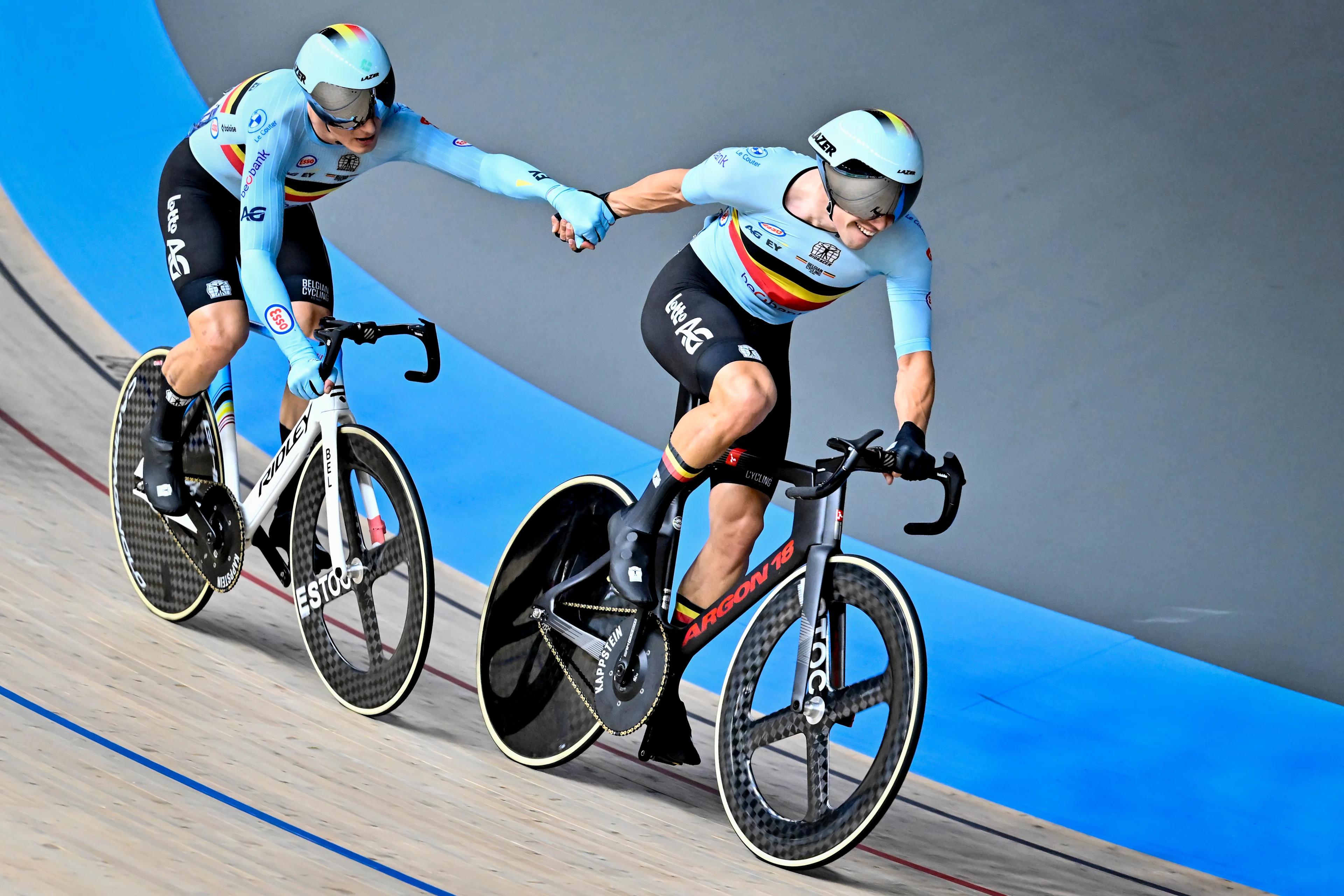 Belgian Lindsay De Vylder and Belgian Noah Vandenbranden pictured in action during the men's Madison final at the 2025 UEC Track Elite European Championships, in Heusden-Zolder, Belgium, Sunday 16 February 2025. The European Championships take place from 12 to 16 February. BELGA PHOTO DIRK WAEM