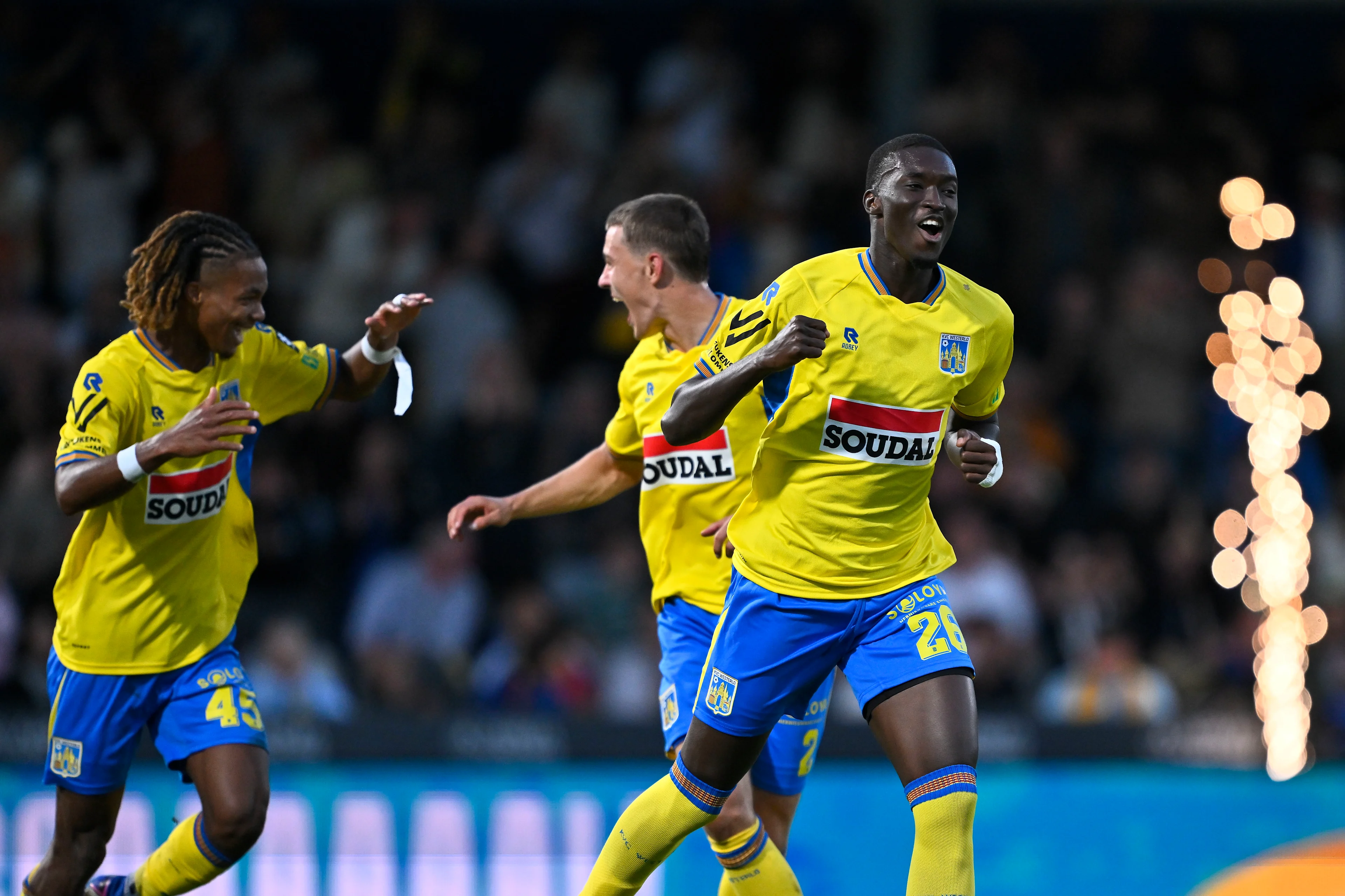 Westerlo's Dylan Ourega celebrates after scoring during a soccer match between KVC Westerlo and Standard de Liege, Saturday 12 September 2026 in Westerlo, on day 6 of the 2026-2027 'Jupiler Pro League' first division of the Belgian championship. BELGA PHOTO JOHAN EYCKENS