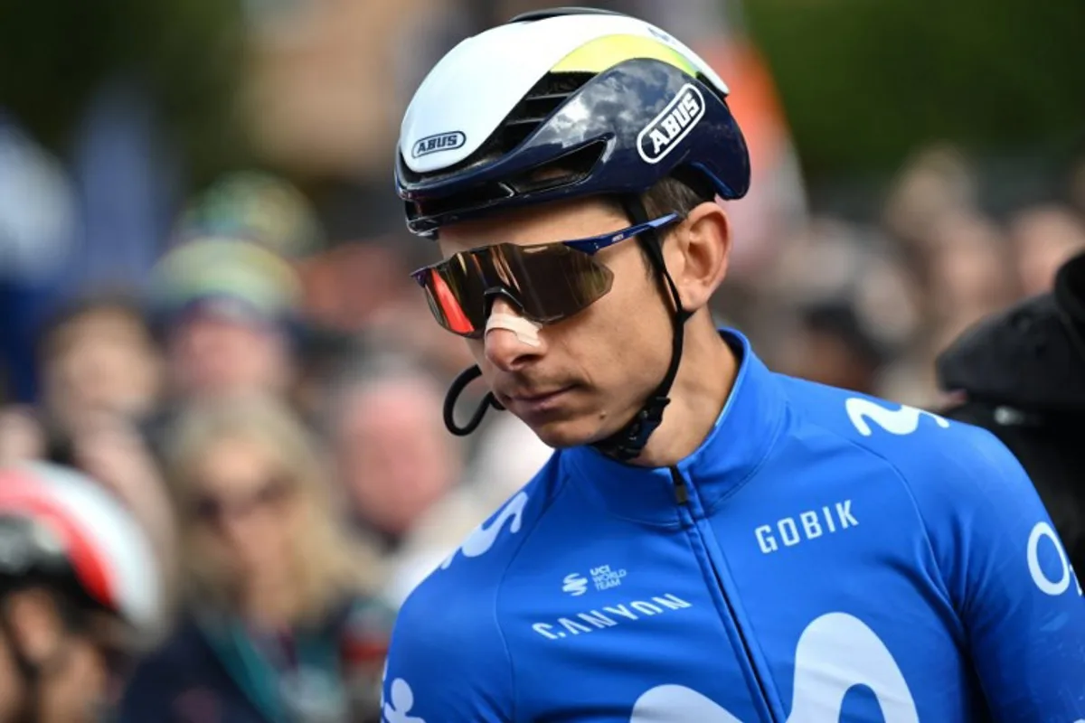 Italian Davide Formolo, Team Movistar, prepares to take the start of the 18th one-day classic 'Strade Bianche' (White Roads) cycling race between Siena and Siena, Tuscany, on March 2, 2024.  Marco BERTORELLO / AFP