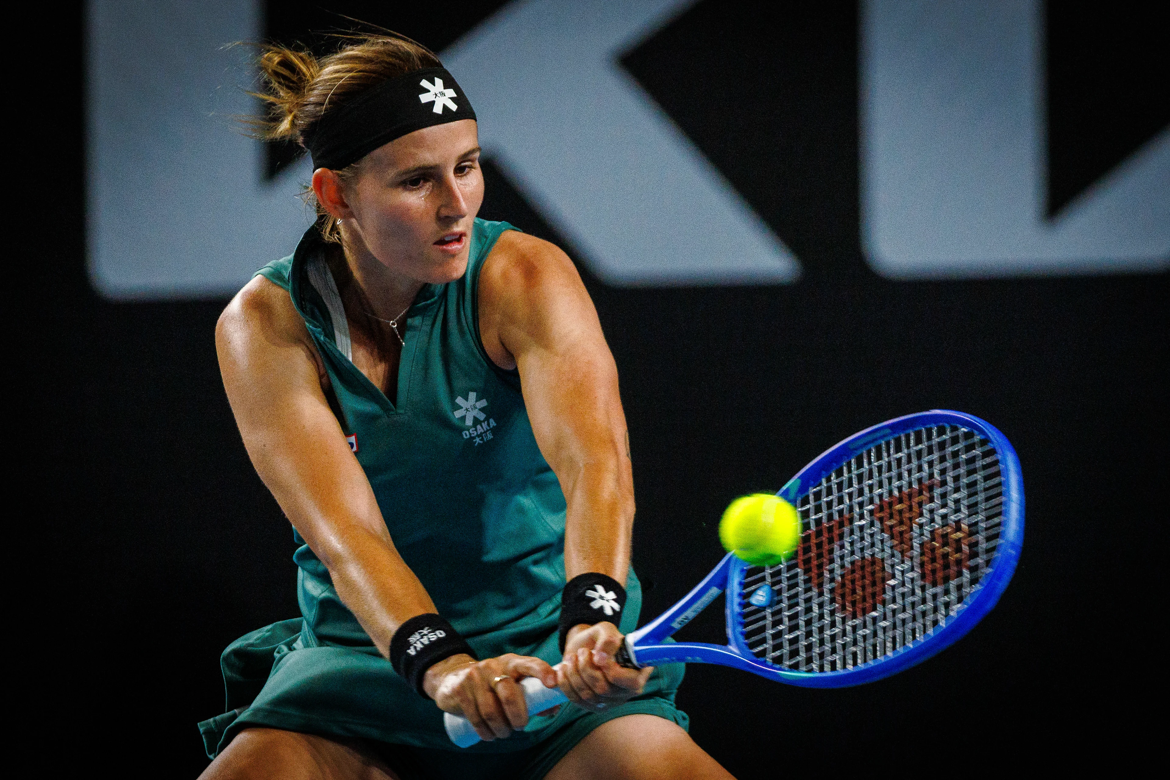 Belgian Greet Minnen pictured in action during a tennis match between Belgian Minnen and Australian Aiava, in the first round of the women's singles at the 'Australian Open' Grand Slam tennis tournament, Monday 13 January 2025 in Melbourne Park, Melbourne, Australia. The 2025 edition of the Australian Grand Slam takes place from January 12th to January 26th. Greet Minnen has lost 7-5, 5-7, 6-7. BELGA PHOTO PATRICK HAMILTON