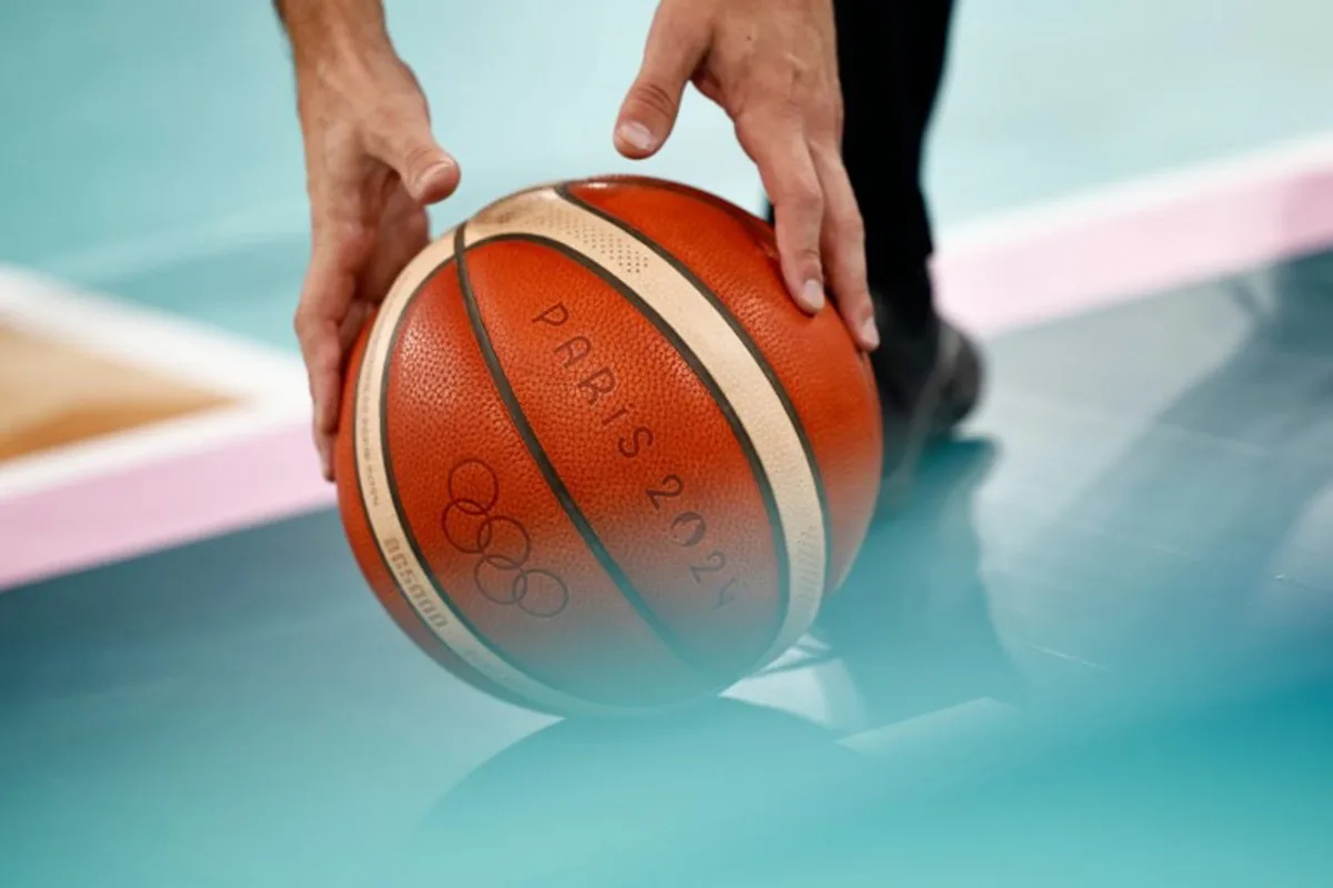 The match ball is pictured prior to the men's quarterfinal basketball match between Brazil and the USA during the Paris 2024 Olympic Games at the Bercy  Arena in Paris on August 6, 2024.  Luis TATO / AFP