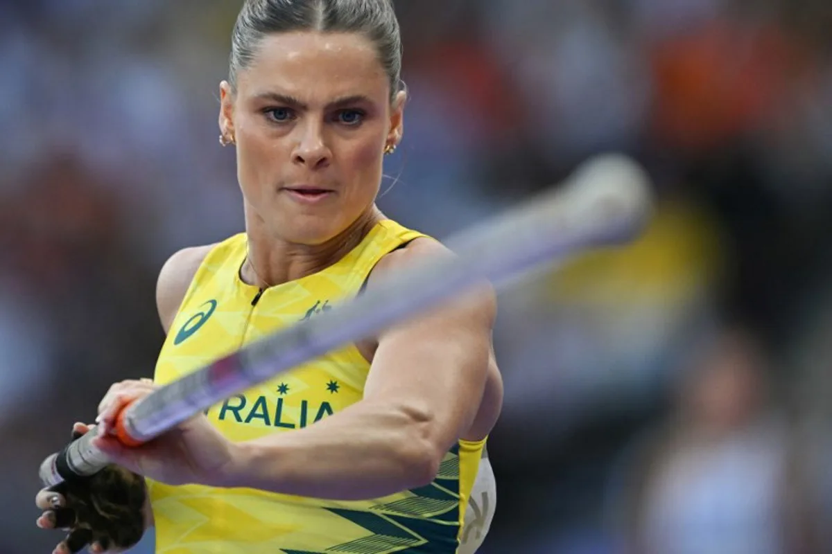 Australia's Nina Kennedy competes in the women's pole vault final of the athletics event at the Paris 2024 Olympic Games at Stade de France in Saint-Denis, north of Paris, on August 7, 2024. Andrej ISAKOVIC / AFP