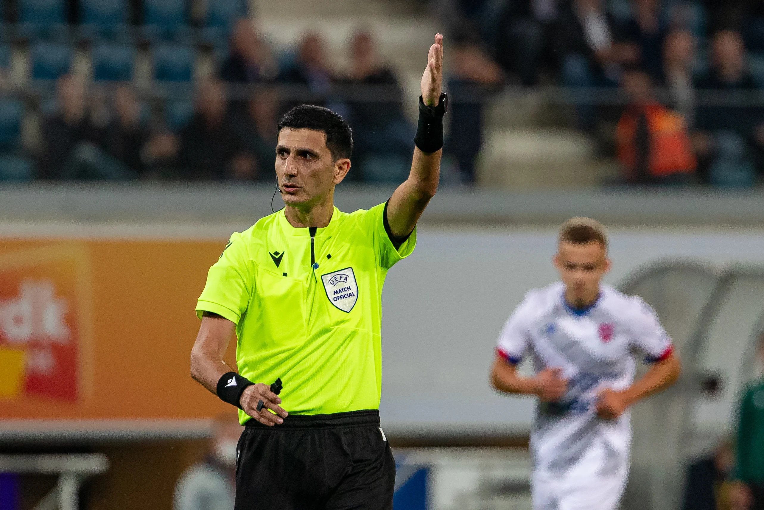 referee Aliyar Aghayev pictured during a soccer game between Belgian team KAA Gent and Polish team Rakow Czestochowa, Thursday 26 August 2021 in Gent, the return game of the play off for the Conference League. BELGA PHOTO KURT DESPLENTER