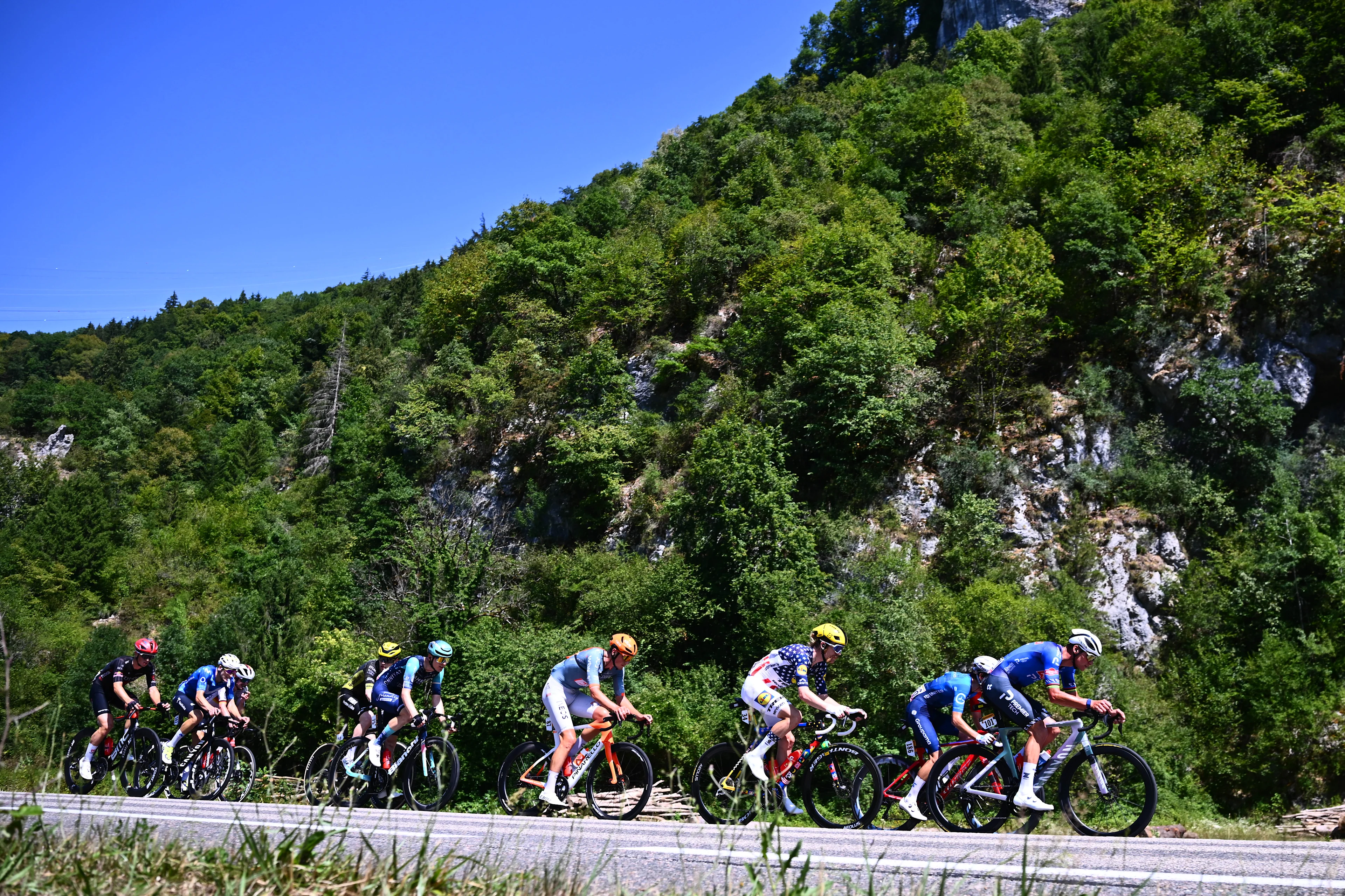 British Joshua Tarling of Netcompany-INEOS, American Quinn Simmons of Lidl-Trek, French Guillaume Martin of Groupama-FDJ United and Dutch Mathieu van der Poel of Alpecin-Premier Tech pictured in action during stage 17 of the 2026 Tour de France cycling race, a stage of 175km from Chambery to Voiron, on Wednesday 22 July 2026. The 113th edition of the Tour de France starts on Saturday 4 July in Barcelona, Spain, and will finish in Paris, France on the 26th of July. BELGA PHOTO POOL GREGORY VAN GANSEN