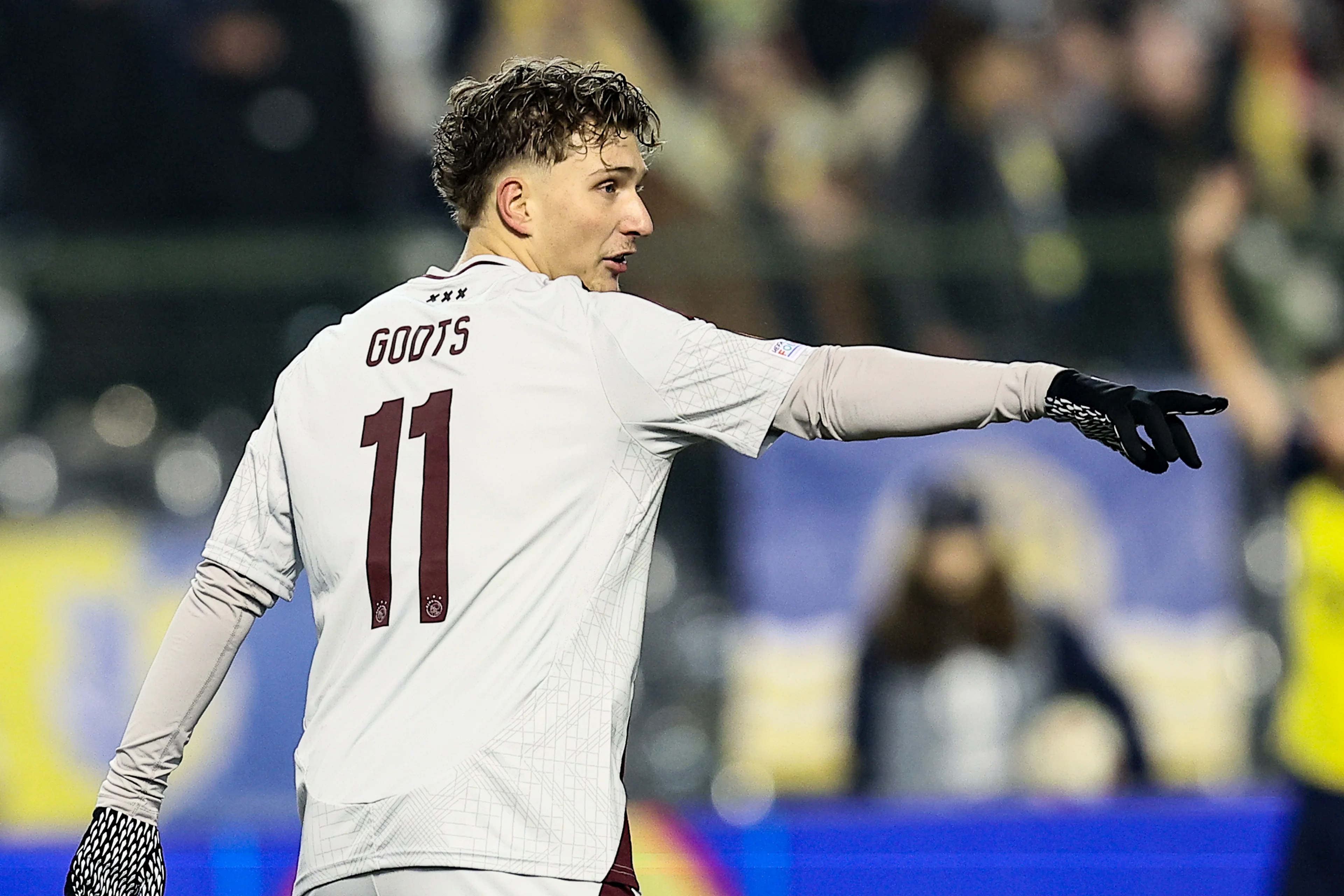 Ajax' Mika Godts pictured during a soccer game between Belgian Royale Union Saint-Gilloise and Dutch AFC Ajax, on Thursday 13 February 2025 in Brussels, the first leg of the Knockout phase play-offs of the UEFA Europa League competition. BELGA PHOTO BRUNO FAHY