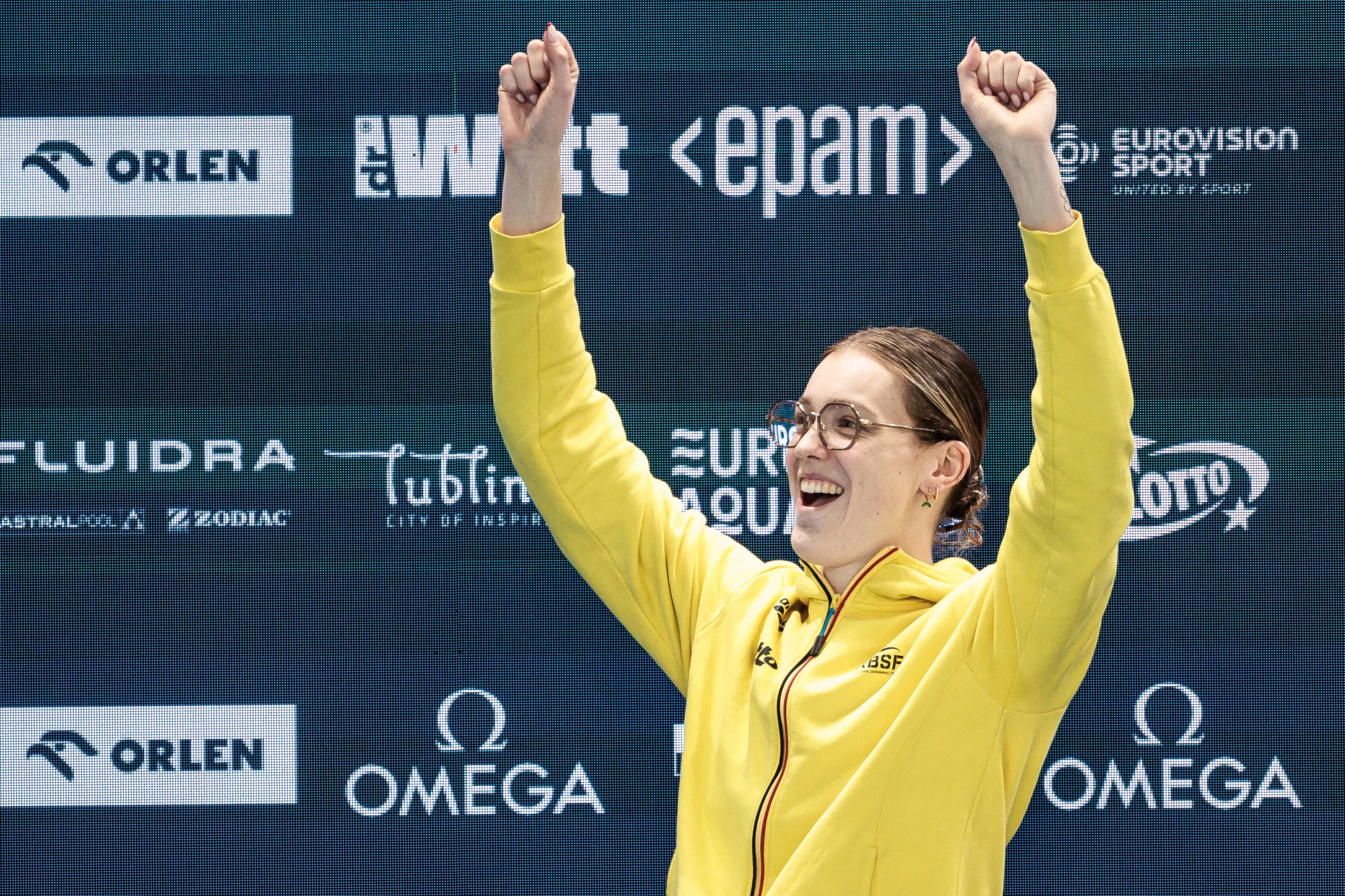 Florine Gaspard of Belgium celebrates after Women's 50m Breaststroke Final at the European Aquatics Short Course Swimming Championships in Lublin, Poland, on Sunday 07 December 2025. BELGA PHOTO NIKOLA KRSTIC