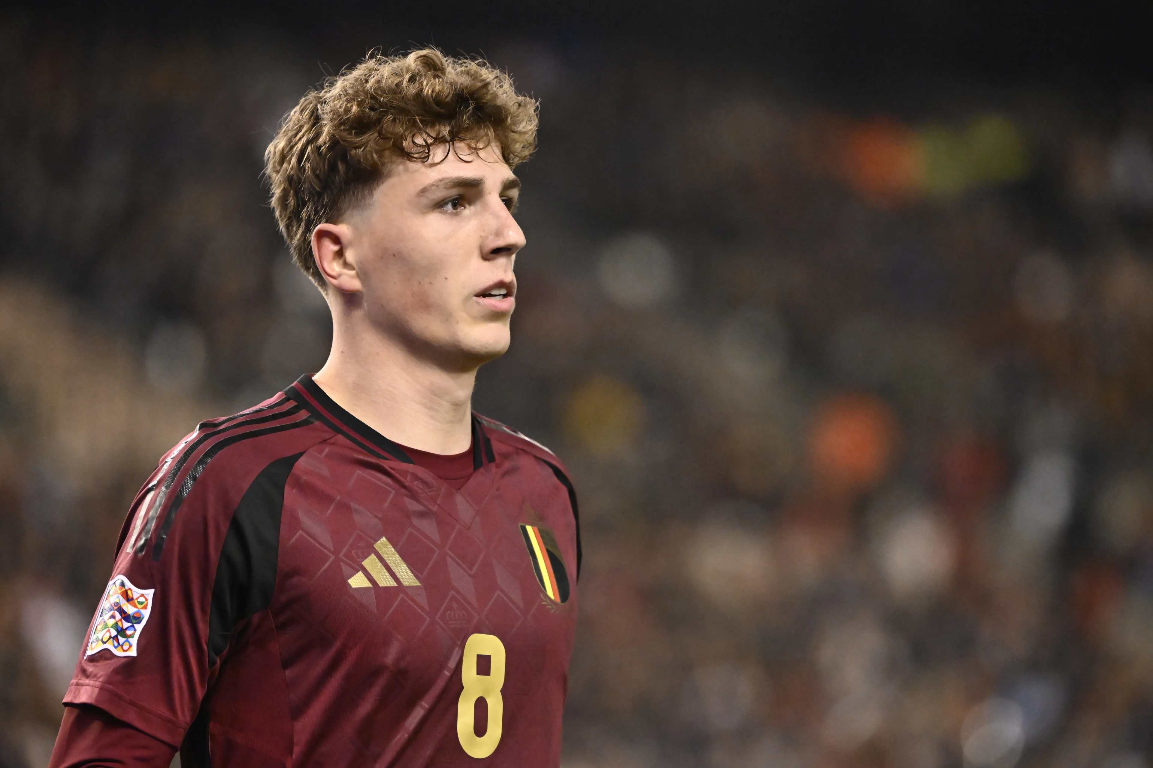 Belgium's Arne Engels pictured during a soccer game between Belgian national soccer team Red Devils and Italy, match 5 (out of 6) in the League A Group 2 of the UEFA Nations League 2025 competition, Thursday 14 November 2024 in Brussels. BELGA PHOTO DIRK WAEM