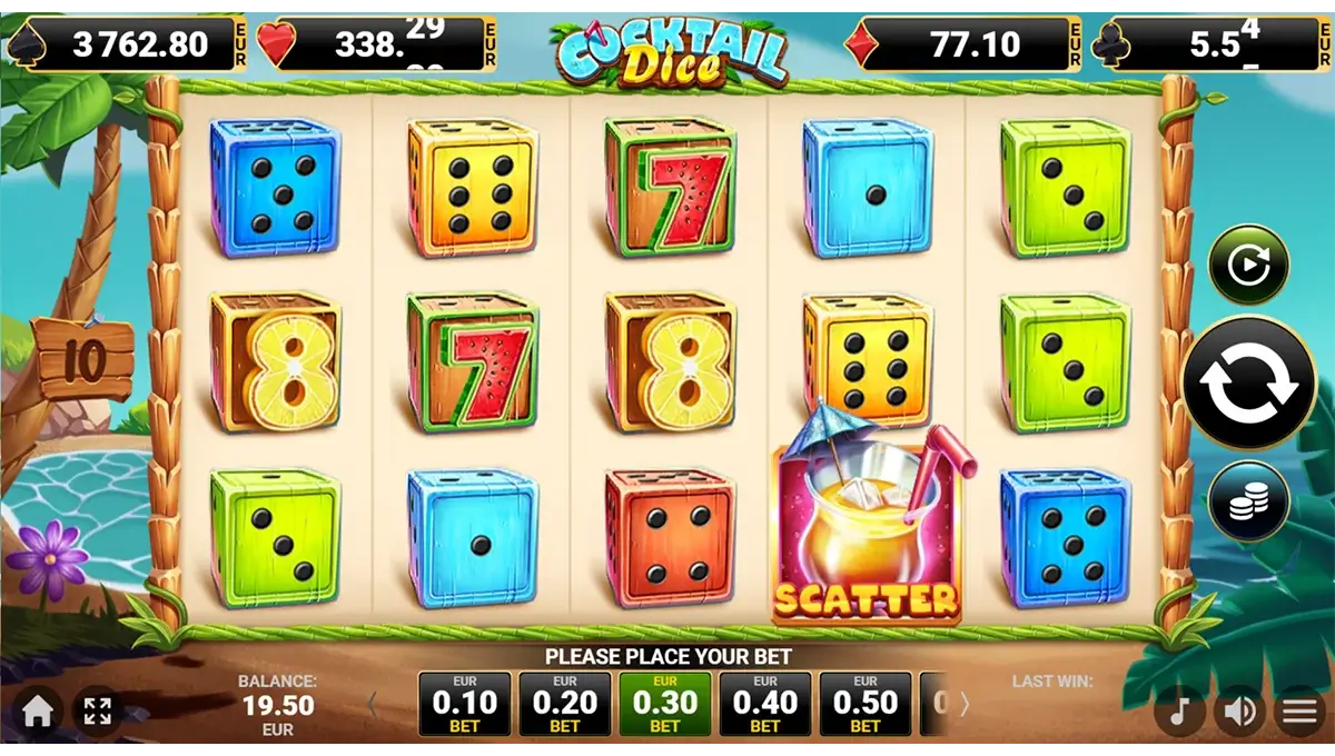 Screenshot van Cocktail Dice van Amusnet, een zomerse dice slot met fruitige symbolen en een kleurrijke cocktailstijl