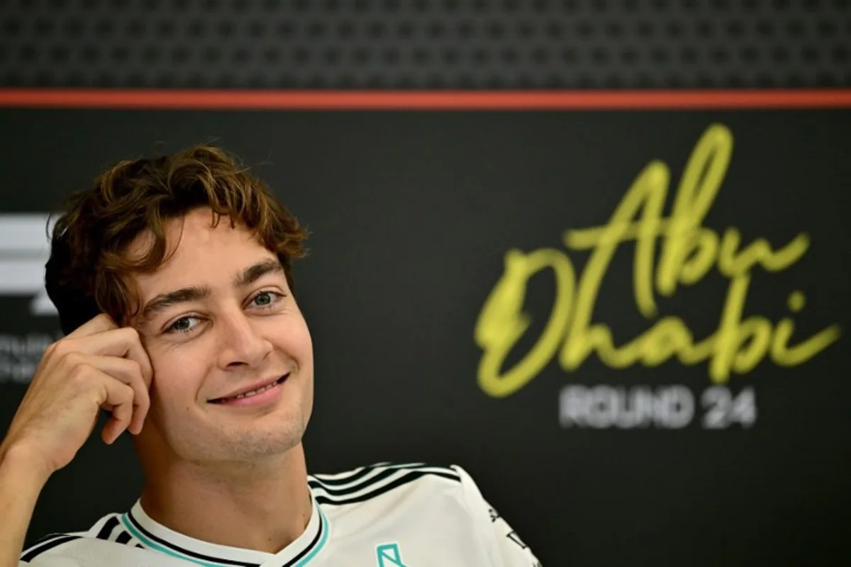 Mercedes' British driver George Russell attends a press conference ahead of the Abu Dhabi Formula One Grand Prix at the Yas Marina Circuit in Abu Dhabi on December 4, 2025.  Giuseppe CACACE / AFP
