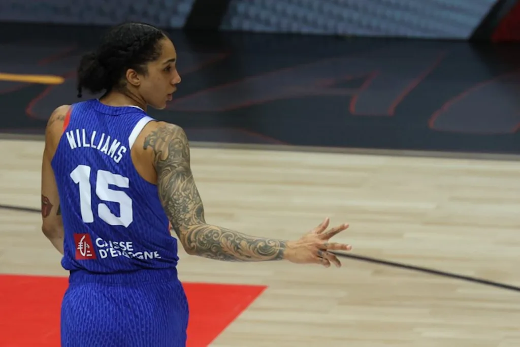 France's forward #15 Gabby Williams reacts during the 2026 FIBA Women's Basketball World Cup final game between the United States and France in Berlin on September 13, 2026. Odd ANDERSEN / AFP