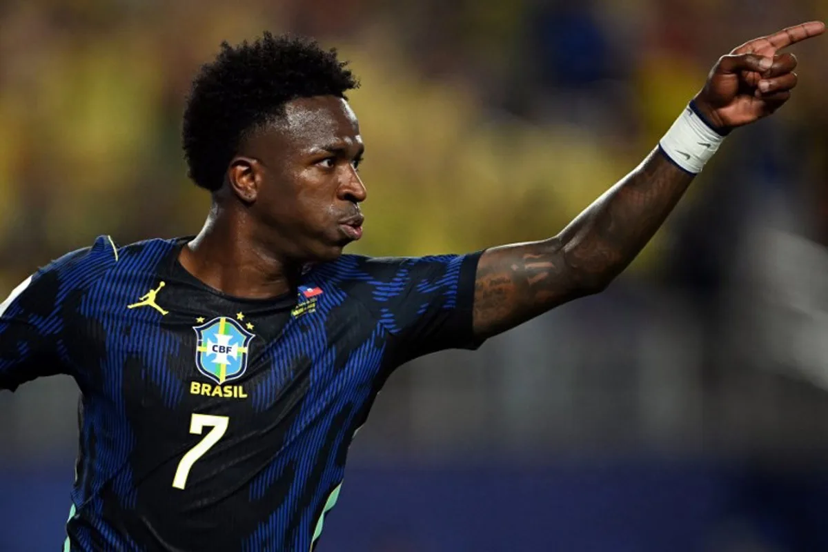 Brazil's forward #07 Vinicius Junior celebrates scoring his team's third goal during the 2026 World Cup Group C football match between Brazil and Haiti at the Philadelphia Stadium in Philadelphia on June 19, 2026. Mauro PIMENTEL / AFP