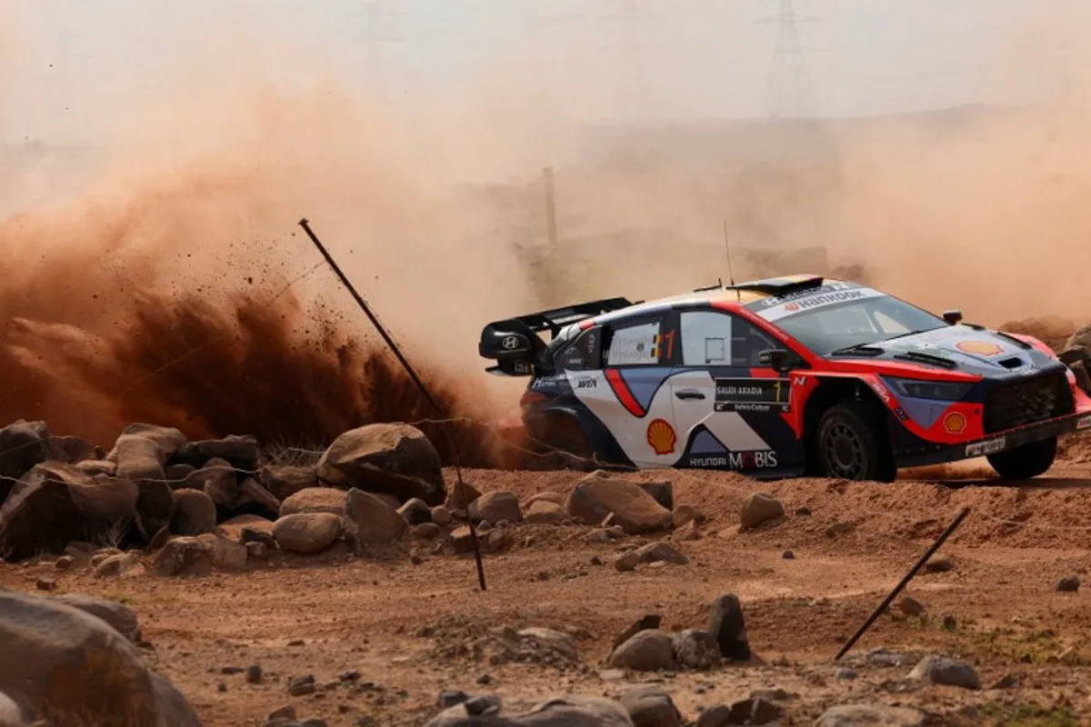 Hyundai Shell Mobis World Rally Team's Belgian driver Thierry Neuville and Belgian co-driver Martijn Wydaeghe steer their Hyundai i20 N Rally1 during the last day of the FIA World Rally Championship (WRC) in Jeddah on November 29, 2025.  Fayez Nureldine / AFP