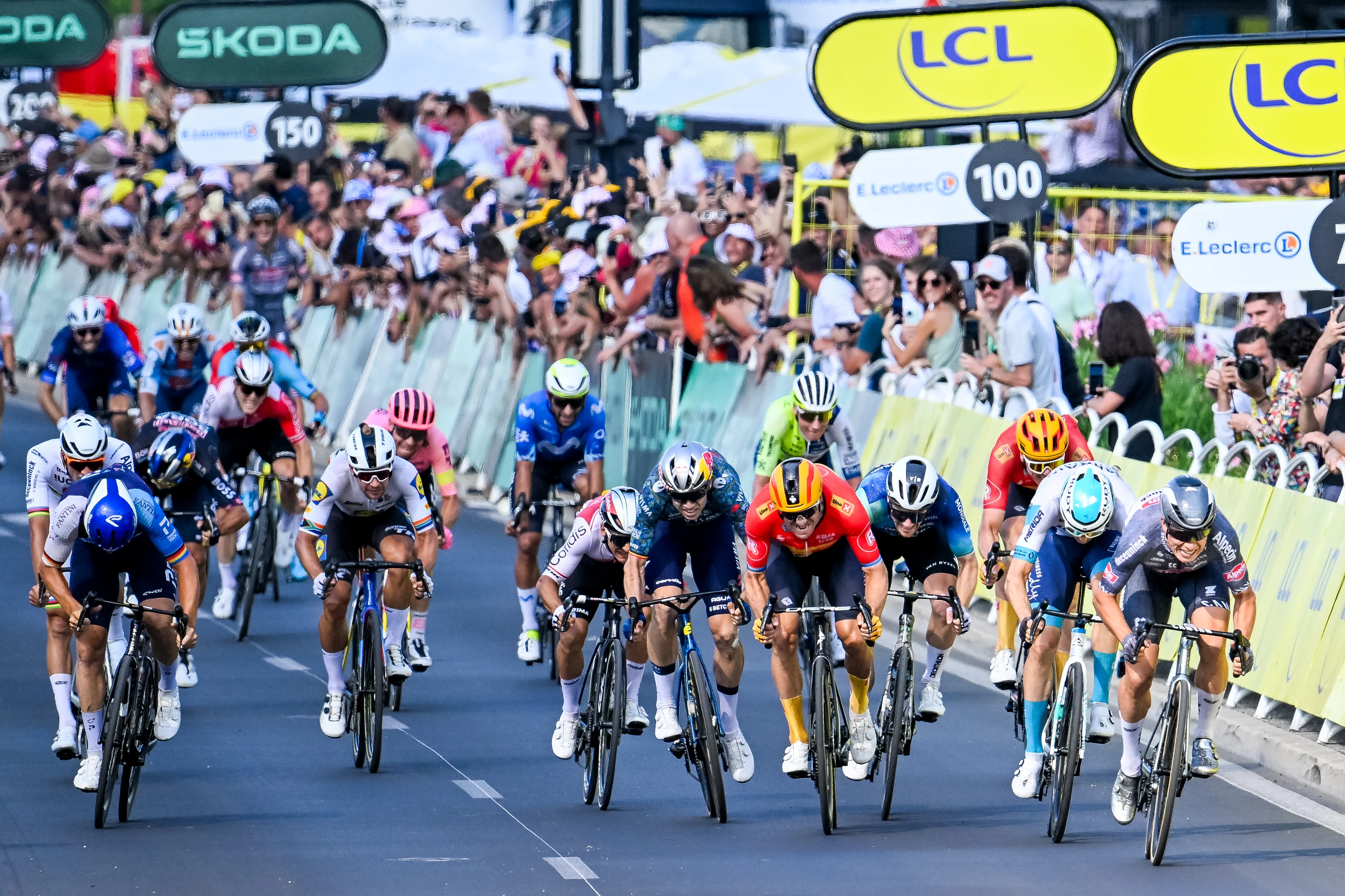 Belgian Wout van Aert of Team Visma-Lease a Bike, Norwegian Alexander Kristoff of Uno-X Mobility and Belgian Jasper Philipsen of Alpecin-Deceuninck sprint to the finish of stage 16 of the 2024 Tour de France cycling race, from Gruissan to Nimes, France (188,6 km), on Tuesday 16 July 2024. The 111th edition of the Tour de France starts on Saturday 29 June and will finish in Nice, France on 21 July. BELGA PHOTO TOM GOYVAERTS