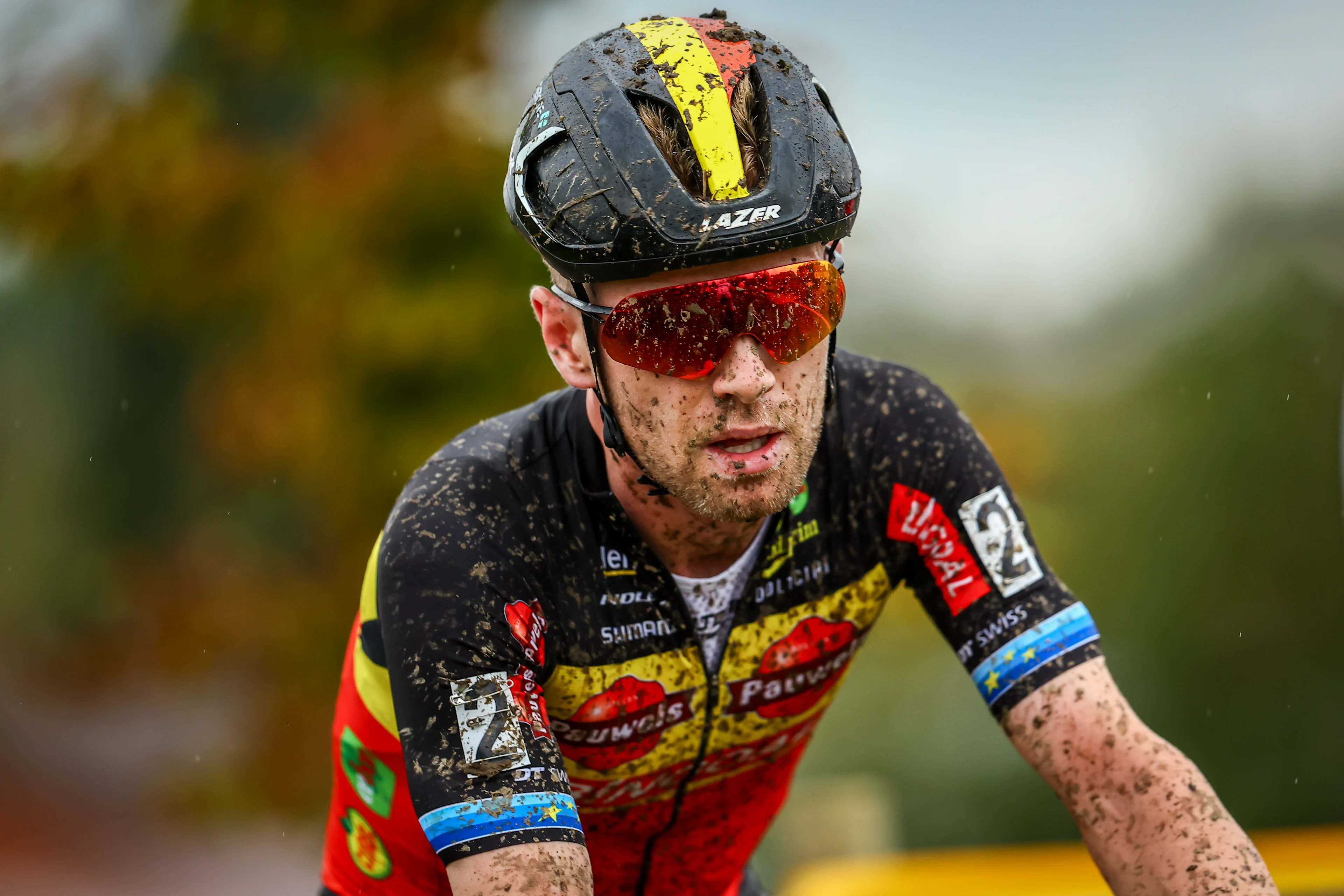 Belgian Eli Iserbyt pictured in action during the men's elite race of the 'Kermiscross' cyclocross cycling event in Ardooie, Thursday 17 October 2024. BELGA PHOTO DAVID PINTENS