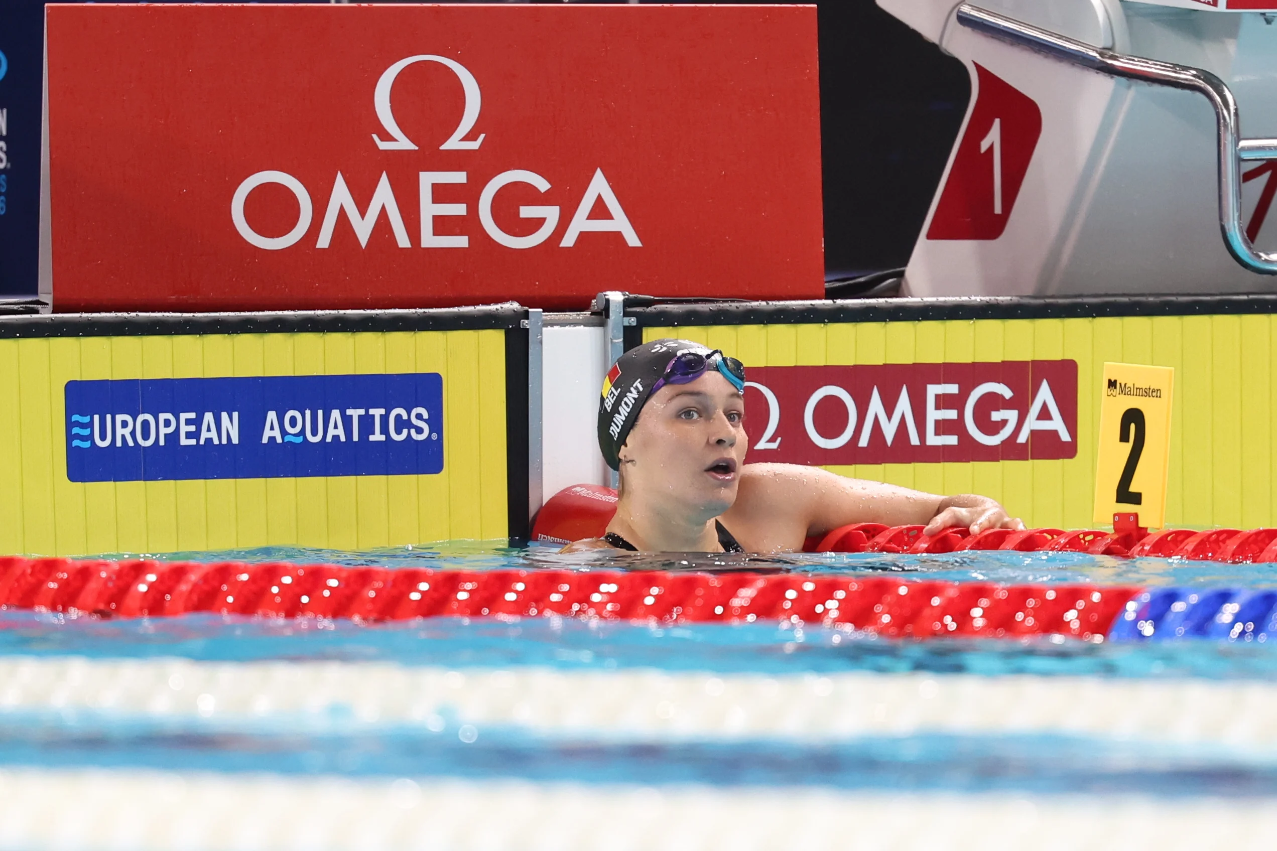 Belgian Sarah Dumont pictured after the final of the women's 200m freestyle event at the fourth day of the European Aquatics Championships in Paris, France on Thursday 13 August 2026. BELGA PHOTO VIRGINIE LEFOUR
