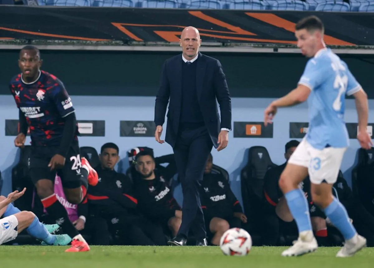 Glasgow Rangers' Belgian head coach Philippe Clement (C) reacts during the UEFA Europa League football match between Malmoe FF and Rangers FC in Malmoe, Sweden on September 26, 2024.  Andreas HILLERGREN / TT NEWS AGENCY / AFP