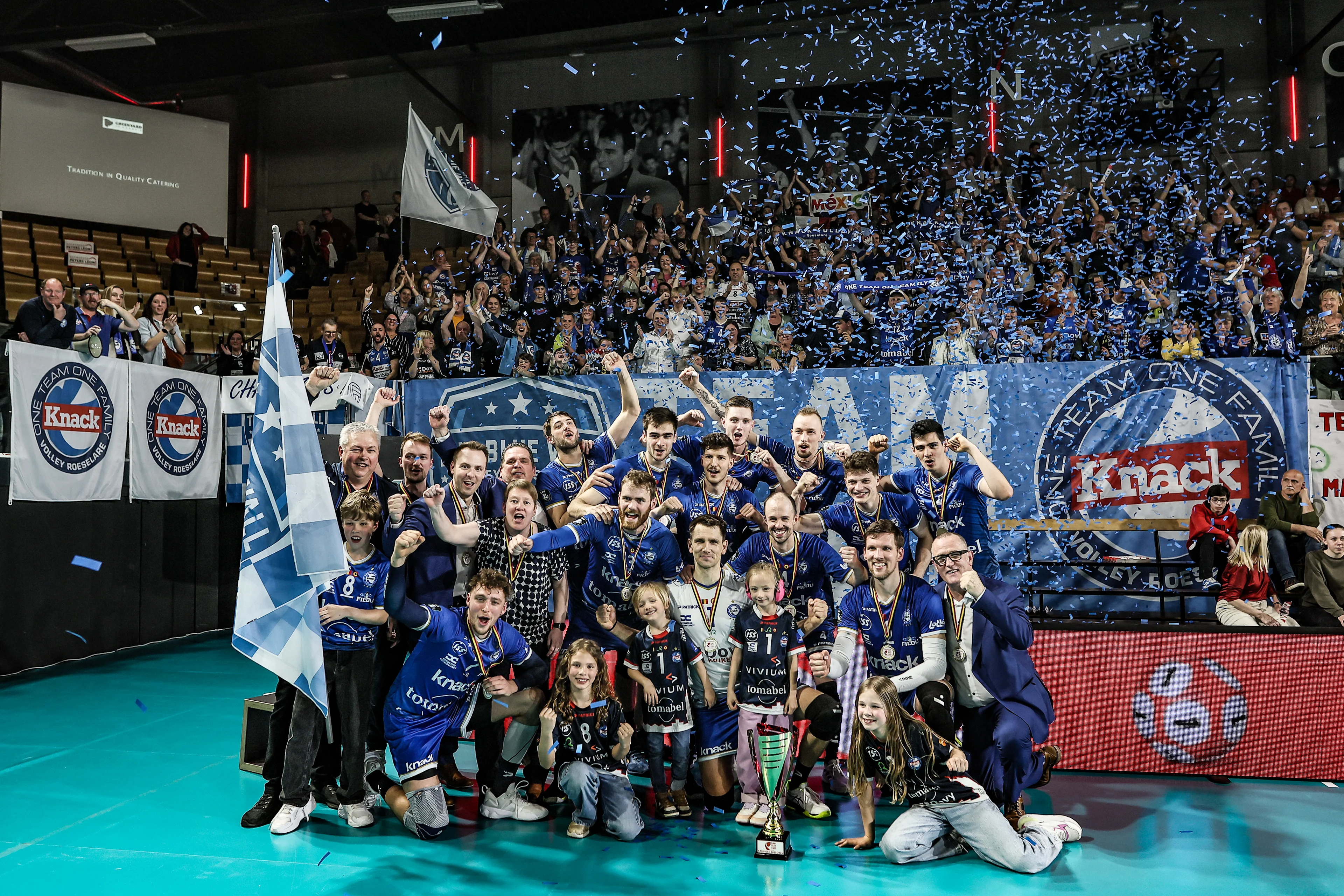 Roeselare's players celebrate after winning a volleyball match between Greenyard Maaseik and Knack Roeselare, Sunday 28 April 2024 in Maaseik, the last match of the best-of-five finals in the Play Offs of the Belgian volleyball competition. BELGA PHOTO BRUNO FAHY