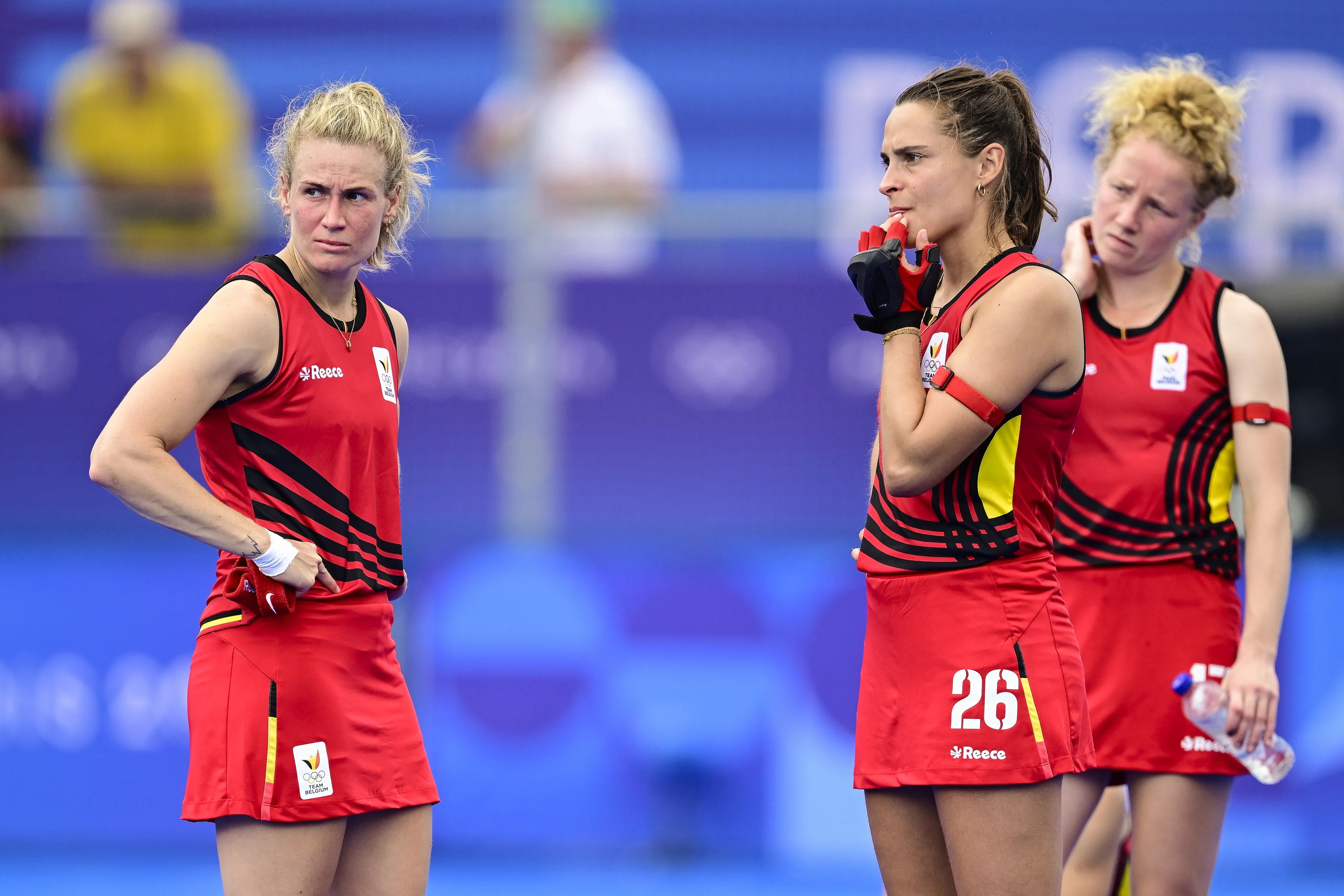 Belgium's Abi Raye, Belgium's Lien Hillewaert and Belgium's Michelle Struijk look dejected after losing a hockey game between Argentina and Belgium's national team the Red Panthers, a bronze medal match at the Paris 2024 Olympic Games, on Friday 09 August 2024 in Paris, France. The Games of the XXXIII Olympiad are taking place in Paris from 26 July to 11 August. The Belgian delegation counts 165 athletes competing in 21 sports. BELGA PHOTO DIRK WAEM