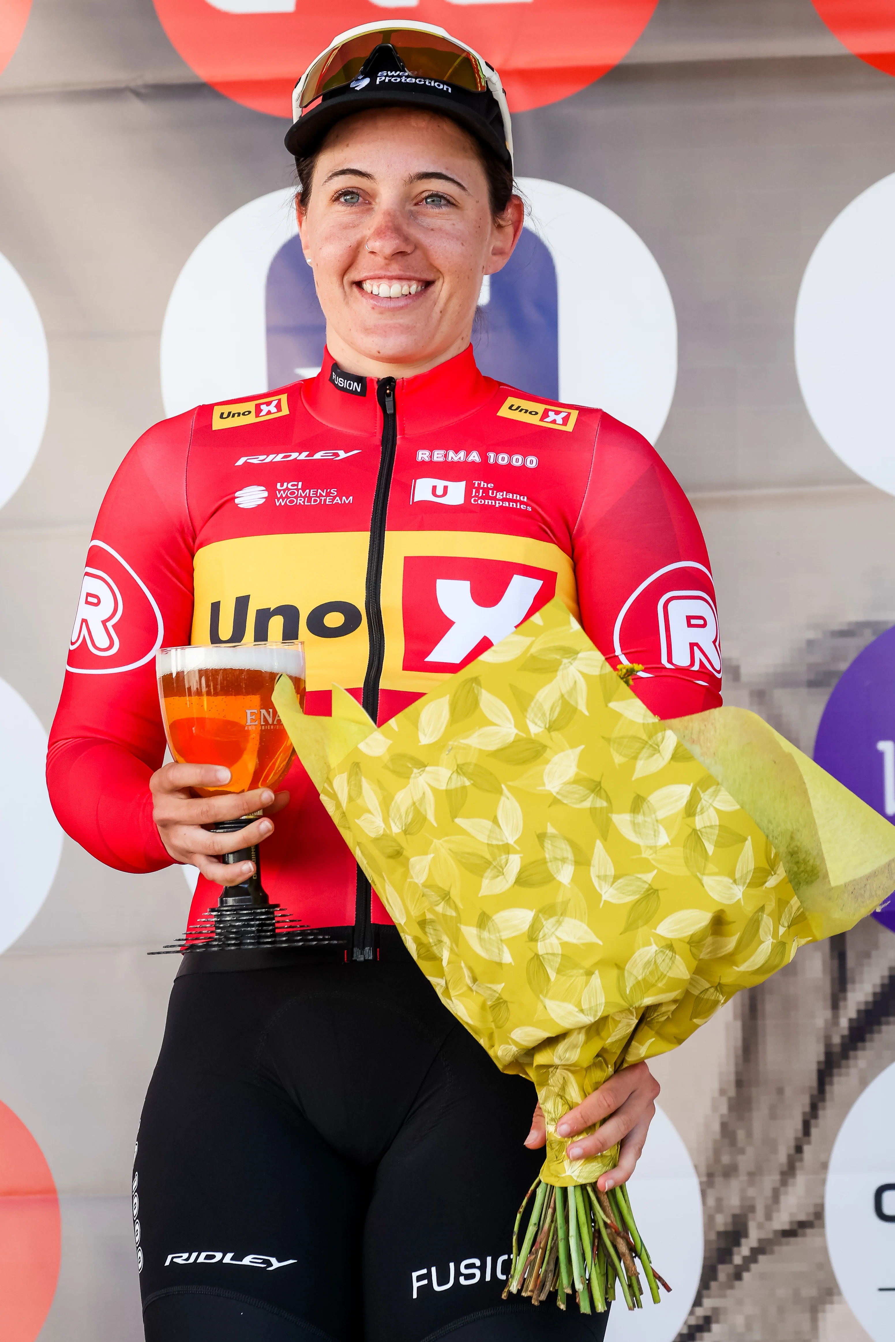 Swiss Linda Zanetti of Uno-X Mobility pictured on the podium after the 'Samyn des Dames' one day cycling race, 122km from Quaregnon to Dour on Tuesday 04 March 2025. BELGA PHOTO VIRGINIE LEFOUR