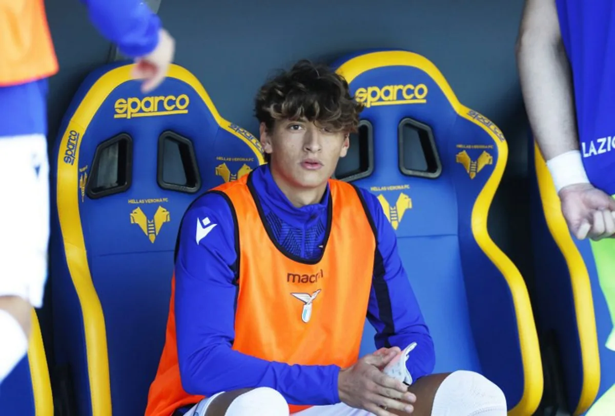 Lazio's Italian midfielder Romano Floriani Mussolini,18-year-old, warms up before the Serie A soccer match between Hellas Verona and Lazio Rome at Bentegodi stadium in Verona on October 24, 2021. Romano Floriani Mussolini, the great-grandson of Italian dictator Benito Mussolini was named in Lazio's squad for their Serie A match at Verona. ANSA / AFP