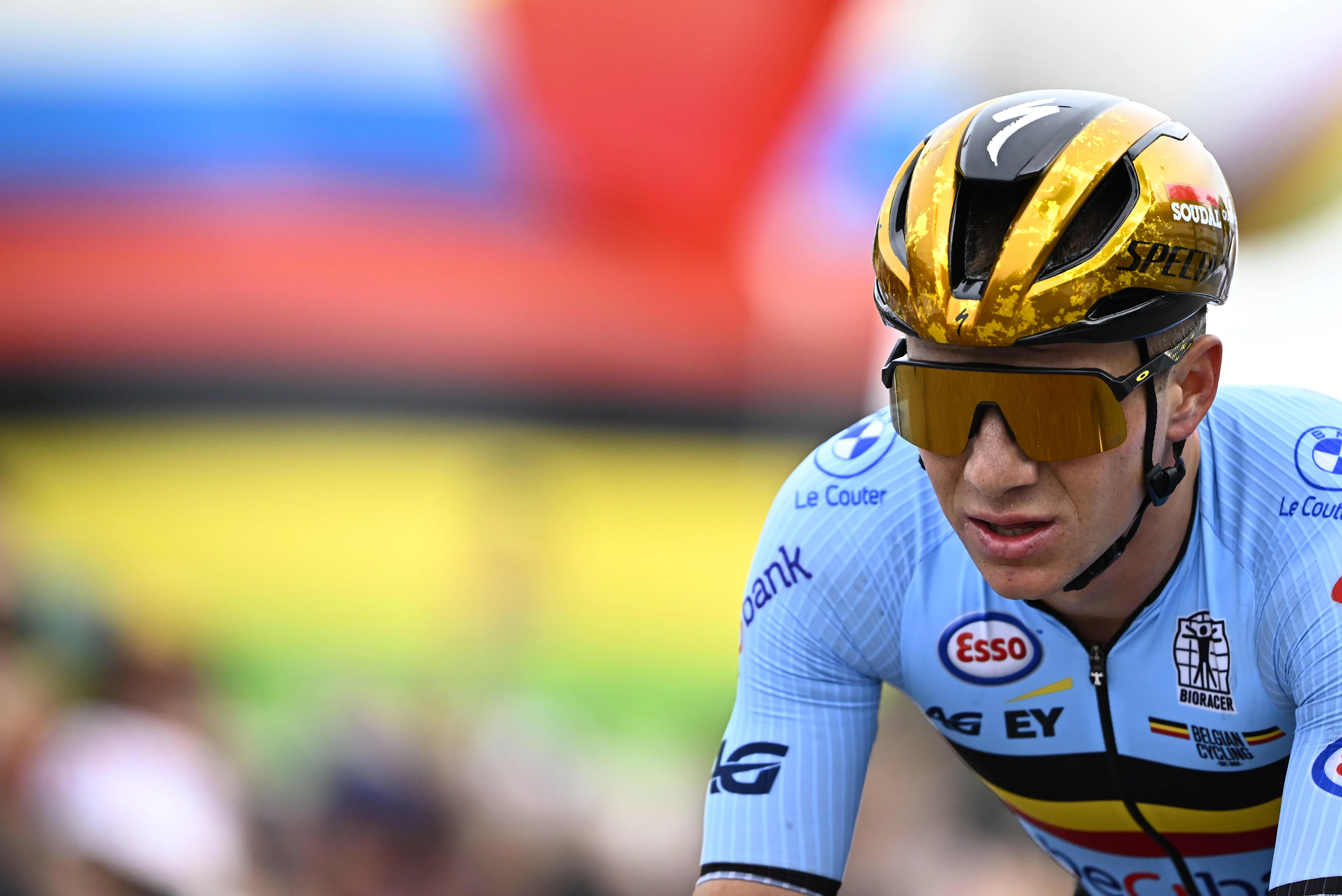 Belgian Remco Evenepoel passing the finish line of the elite men road race at the 2024 UCI Road and Para-Cycling Road World Championships, Sunday 29 September 2024, in Zurich, Switzerland. The Worlds are taking place from 21 to 29 September. BELGA PHOTO JASPER JACOBS