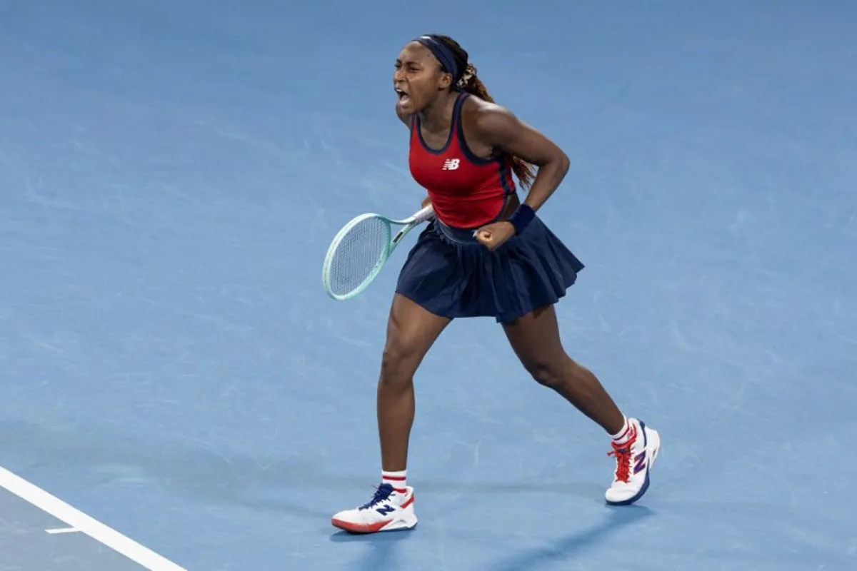 USA's Coco Gauff reacts to winning the first set in her women's singles final match against Poland's Iga Swiatek at the United Cup tennis tournament on Ken Rosewall Arena in Sydney on January 5, 2025.  Steve CHRISTO / AFP