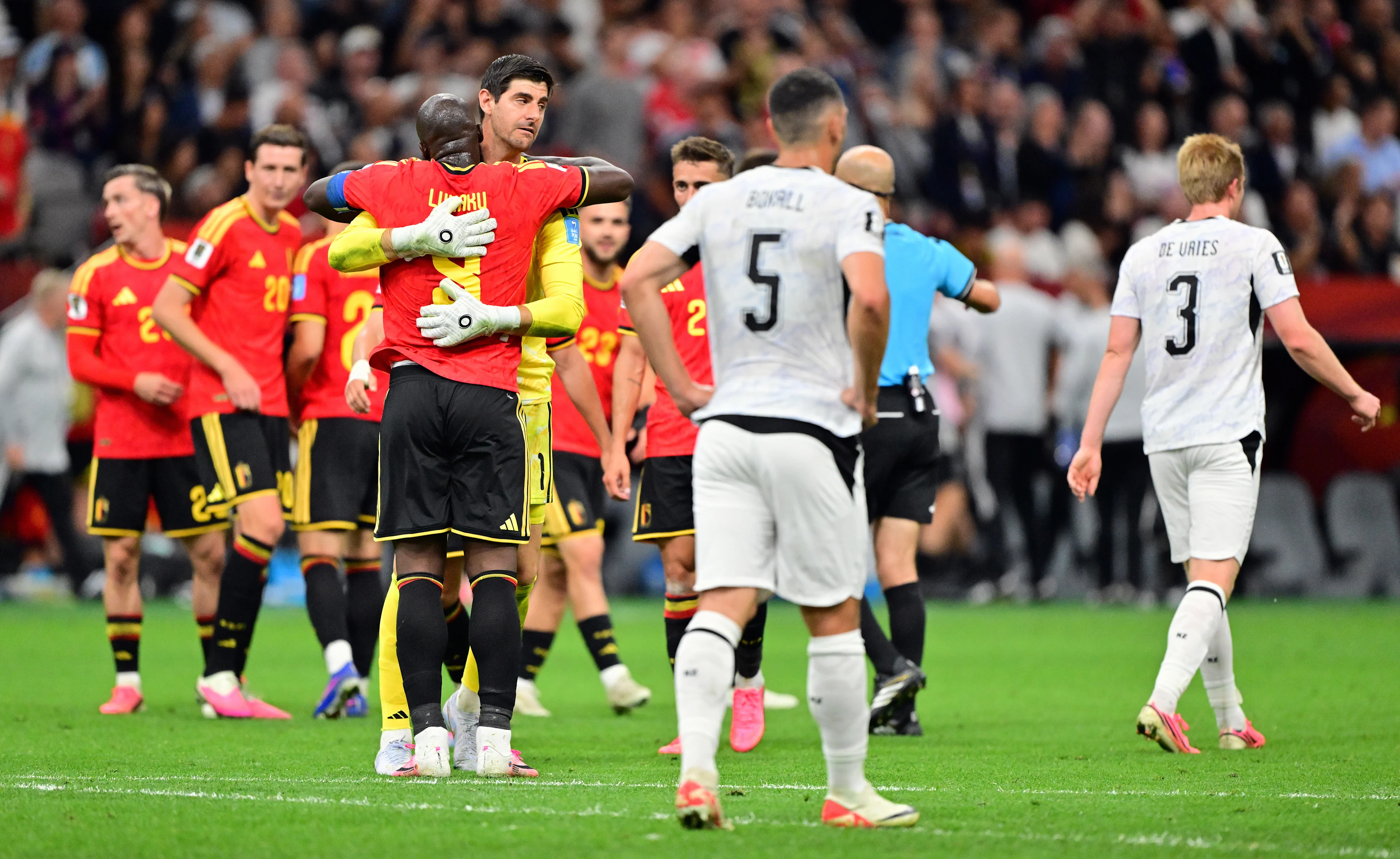 Belgium's Romelu Lukaku and Belgium's goalkeeper Thibaut Courtois celebrate after winning a soccer game between Belgian national team Red Devils and New Zealand, on Friday 26 June 2026, at the BC Place Vancouver stadium in Vancouver, Canada, the third game in the group stage of the FIFA World Cup 2026. The Diables Rouges - Rode Duivels were drawn into Group G. BELGA PHOTO DIRK WAEM
