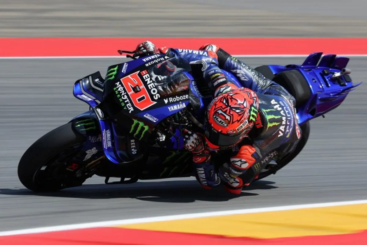 Monster Energy Yamaha MotoGP's French rider Fabio Quartararo takes a curve during the first free practice session of the MotoGP Aragon Grand Prix at the Motorland circuit in Alcaniz, northeastern Spain, on June 6, 2025. LLUIS GENE / AFP