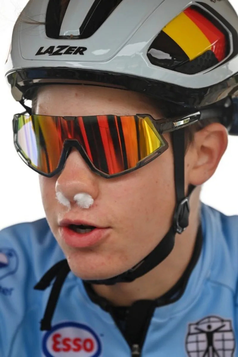 Belgium's Sverre van Lee prepares to get underway at the start of the mixed team relay mountain bike cross-country race at the Cycling World Championships in Glentress Forest, Scotland on August 9, 2023.  ANDY BUCHANAN / AFP
