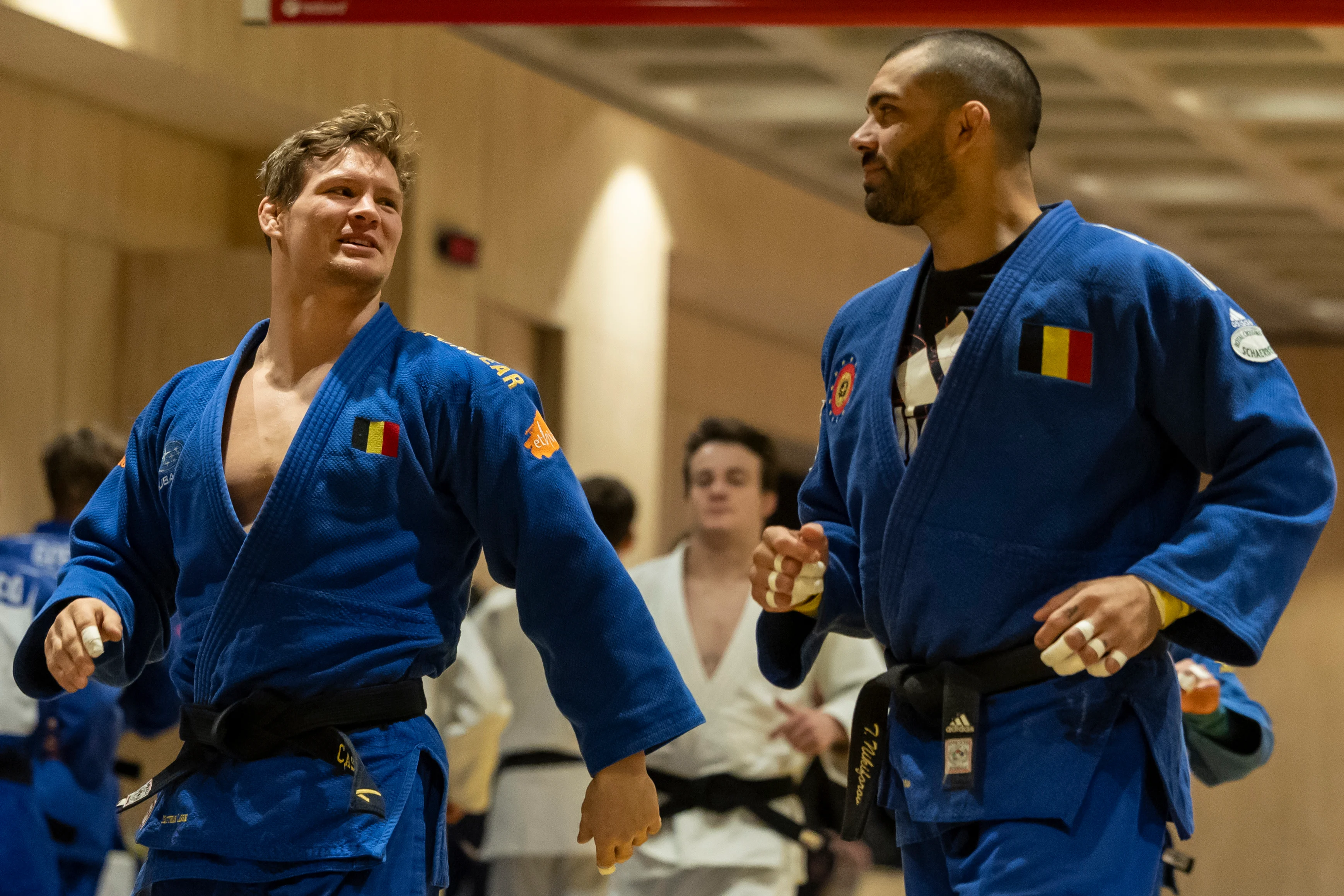 Belgian Toma Nikiforov and Belgian Matthias Casse pictured during a training session at a training camp of Judo Belgium, ahead of the Judo European Championships in Zagreb (25-28/04), at the Stedelijk Lyceum Topsport, in Wilrijk, Antwerp, Saturday 20 April 2024. BELGA PHOTO DAVID PINTENS