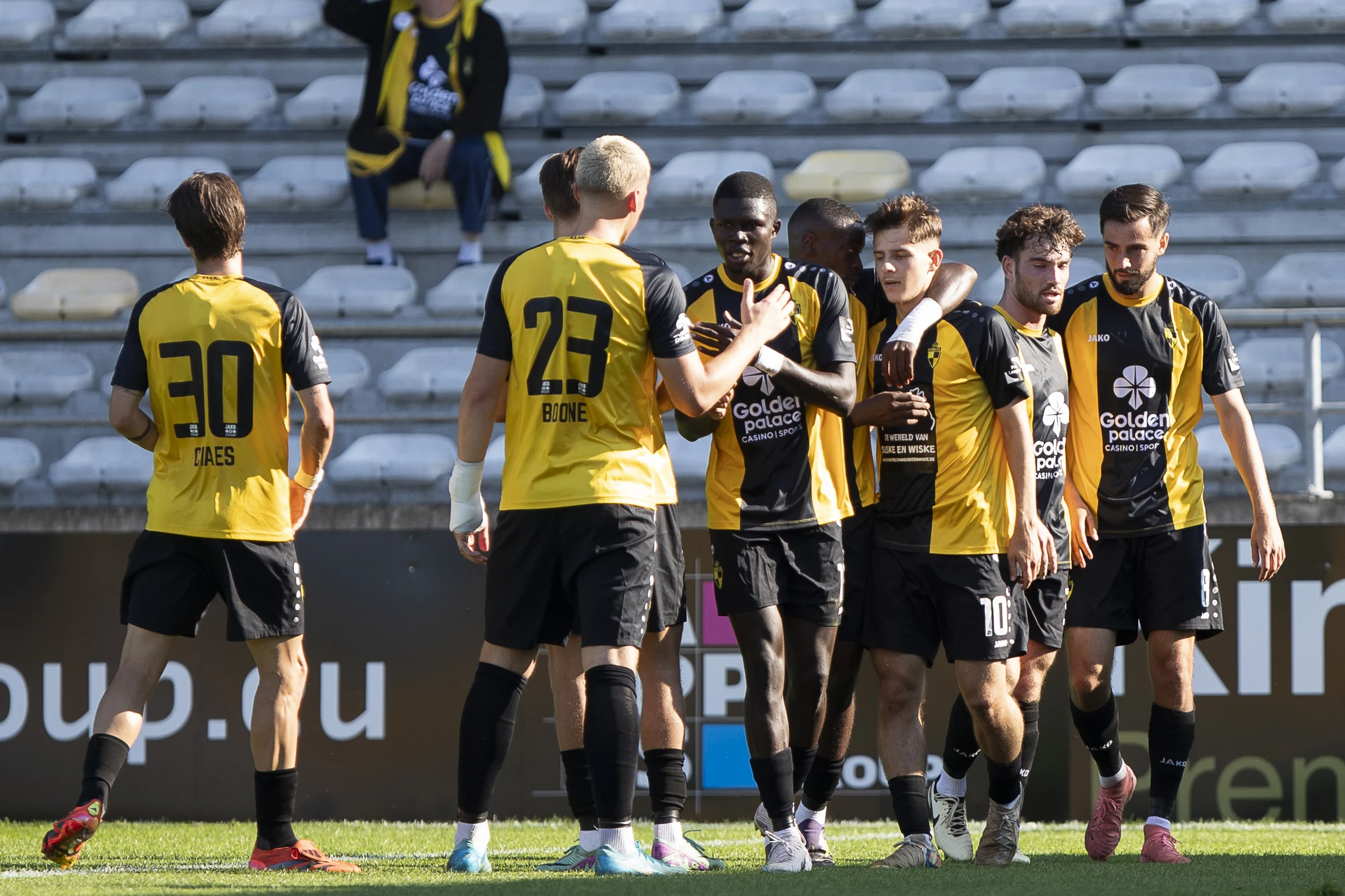 Lierse's Maxim Kireev celebrates with teammates after scoring during a soccer match between Lierse SK and KAS Eupen, Saturday 21 September 2024 in Lier, on day 5 of the 2024-2025 'Challenger Pro League' 1B second division of the Belgian championship. BELGA PHOTO KRISTOF VAN ACCOM