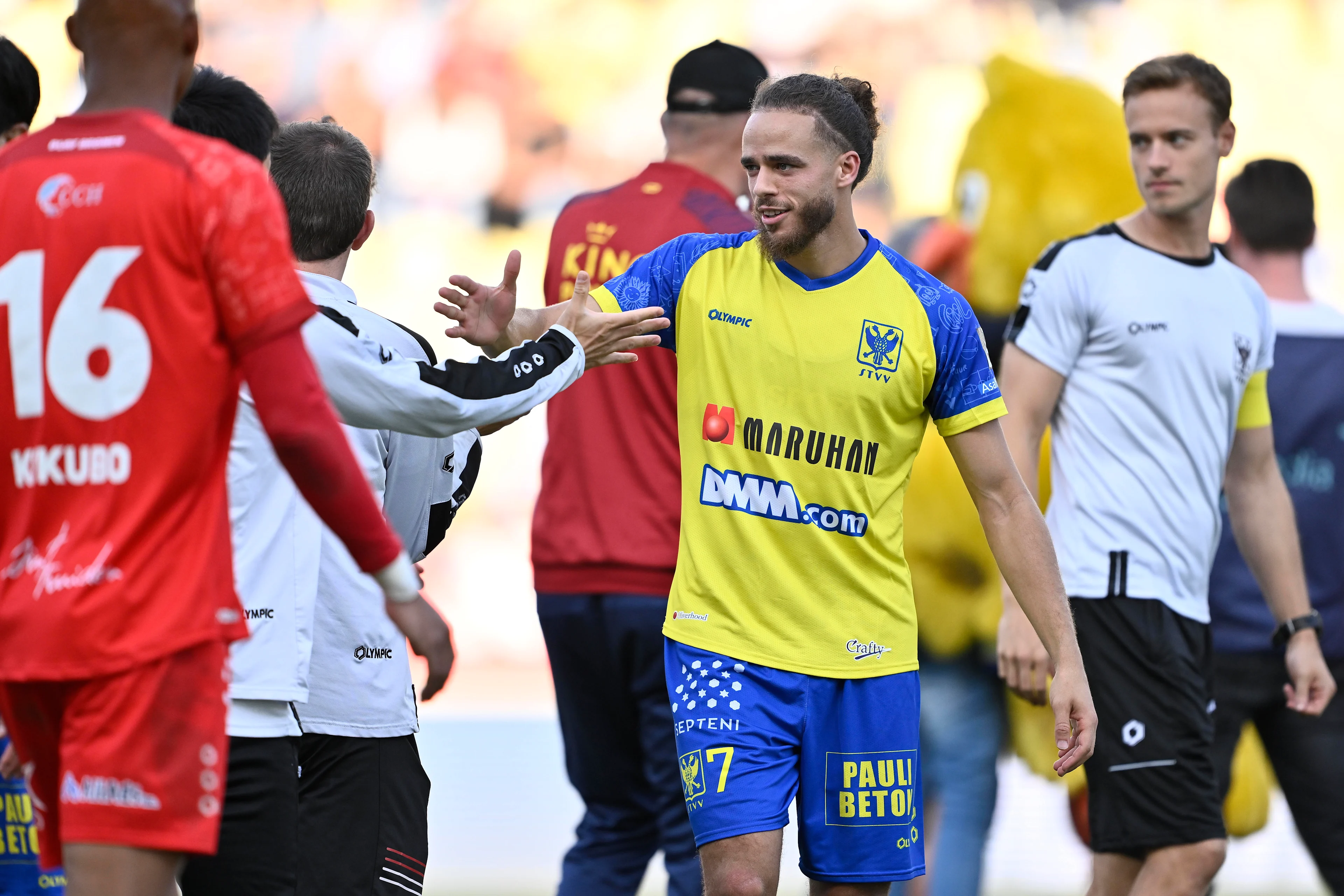 STVV's Billal Brahimi celebrates after winning a soccer match between STVV and OH Leuven, in Sint-Truiden, on the seventh day of the 2024-2025 season of the 'Jupiler Pro League' first division of the Belgian championship, Sunday 15 September 2024. BELGA PHOTO JOHAN EYCKENS