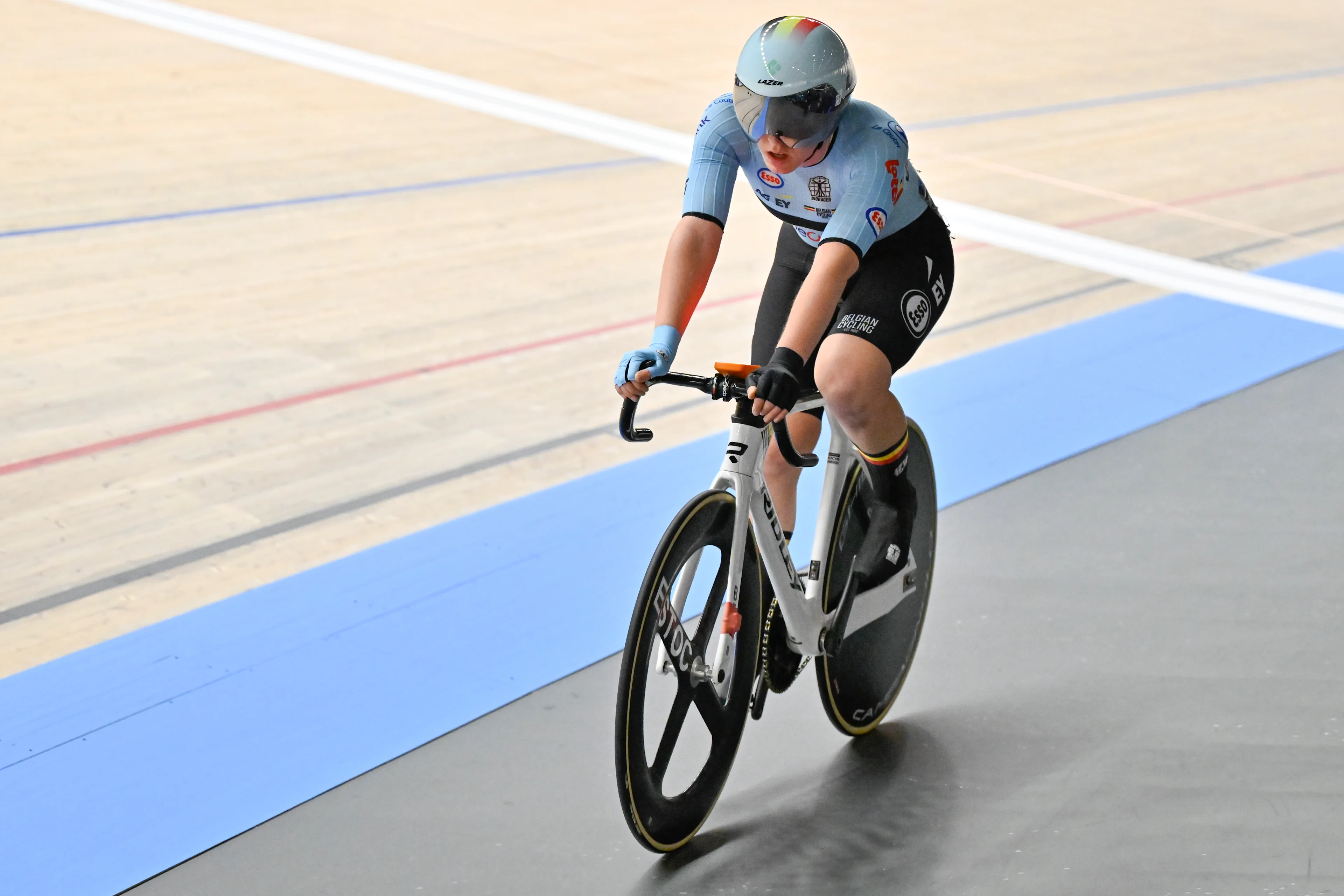 Belgian Katrijn De Clercq pictured after the women's Omnium III elimination race at the 2025 UEC Track Elite European Championships, in Heusden-Zolder, Belgium, Friday 14 February 2025. The European Championships take place from 12 to 16 February. BELGA PHOTO DIRK WAEM