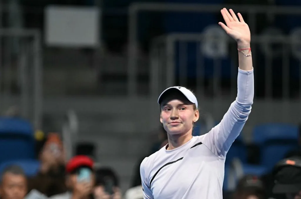 Kazakhstan's Elena Rybakina celebrates after beating Kazakhstan's Yulia Putintseva during the WTA Pan Pacific Open tennis tournament at Ariake Coliseum in Tokyo on October 29, 2026.  Rie KIKUCHI / AFP