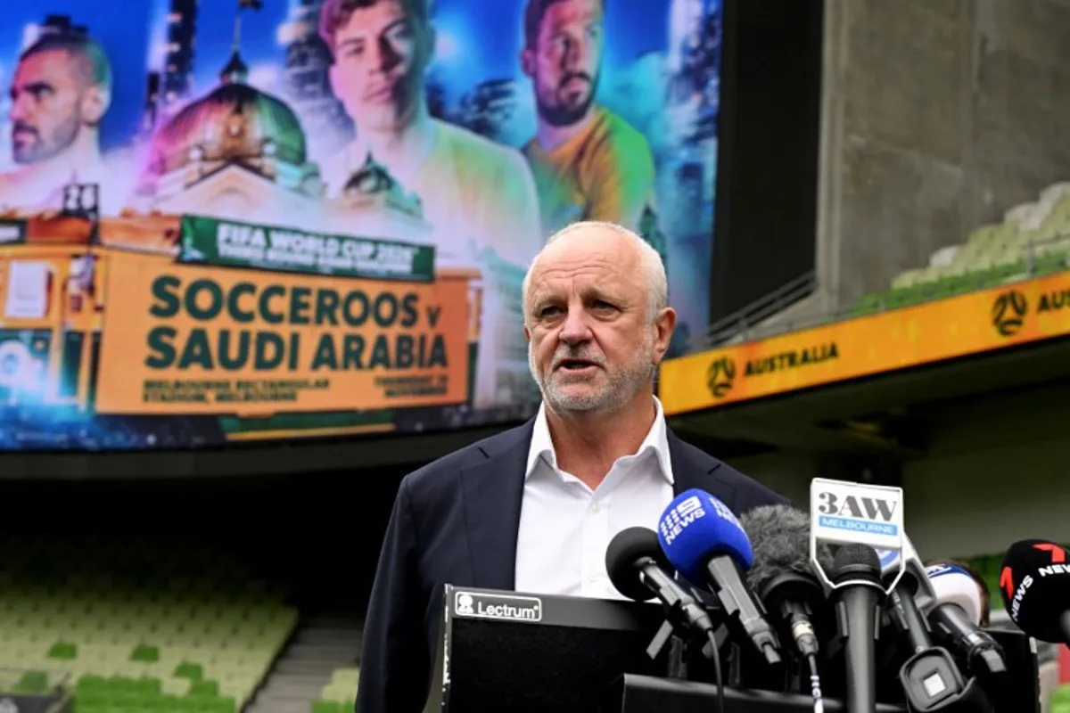 Australia national football team's head coach Graham Arnold speaks during an announcement at the Melbourne Rectangular Stadium in Melbourne on August 21, 2024, that Australia will play its 2026 FIFA World Cup AFC qualifying football match against Saudi Arabia on November 14.  William WEST / AFP