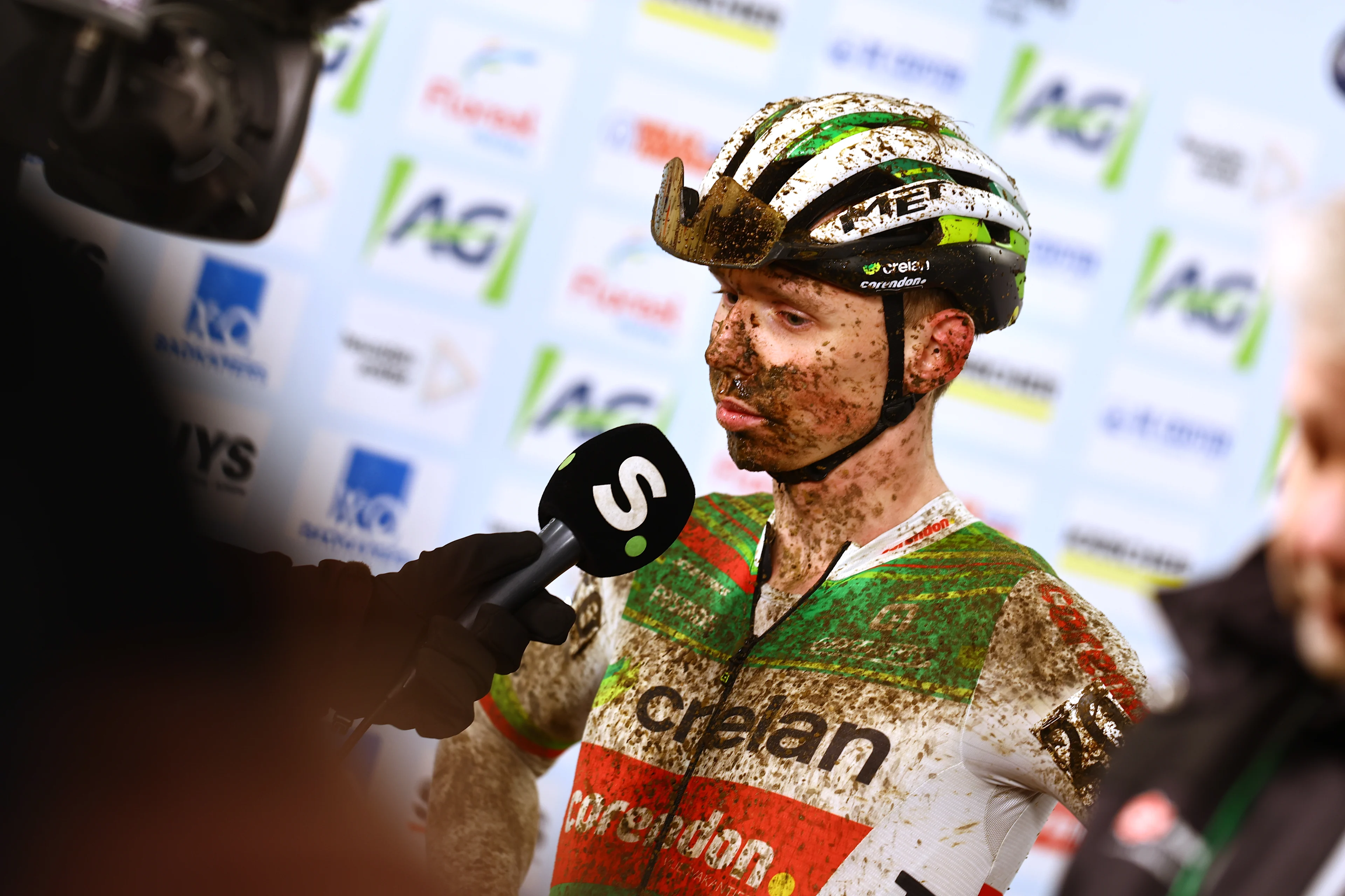 Belgian Aaron Dockx talks to the press after winning the men U23 race of the Belgian Cyclocross Championships (11-12/01) on Sunday 12 January 2025 in Heusden-Zolder. BELGA PHOTO DAVID PINTENS