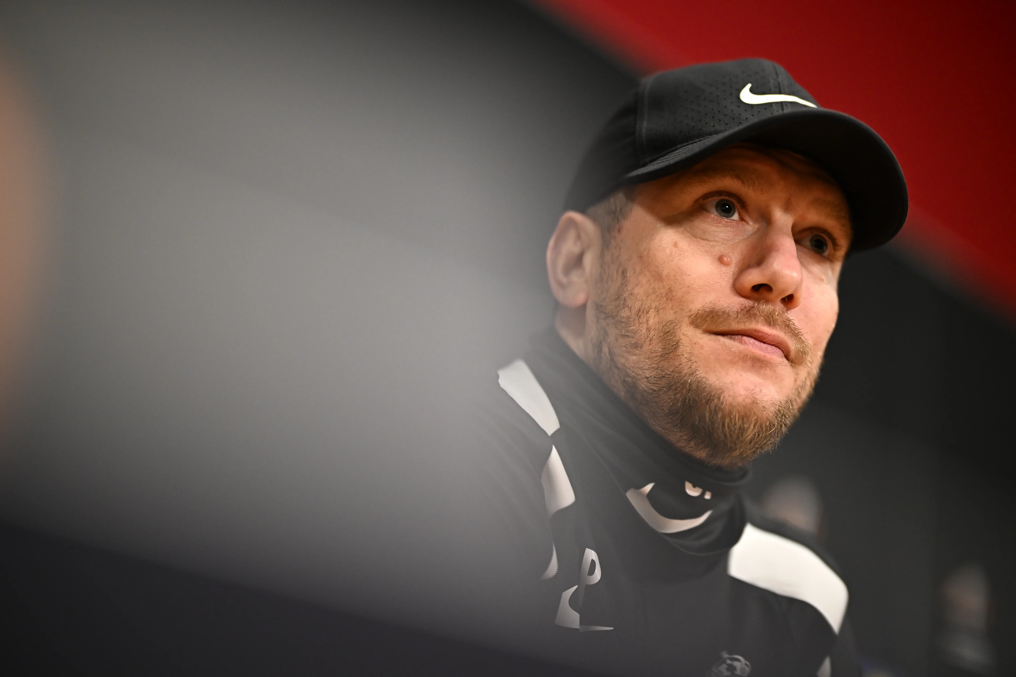 Union's head coach Sebastien Pocognoli pictured during a press conference of Belgian soccer team Royale Union Saint-Gilloise, on  in Amsterdam, the Netherlands. Tomorrow the team is playing against Dutch AFC Ajax, in the return leg of the Knockout phase play-offs of the UEFA Europa League competition.  BELGA PHOTO JASPER JACOBS