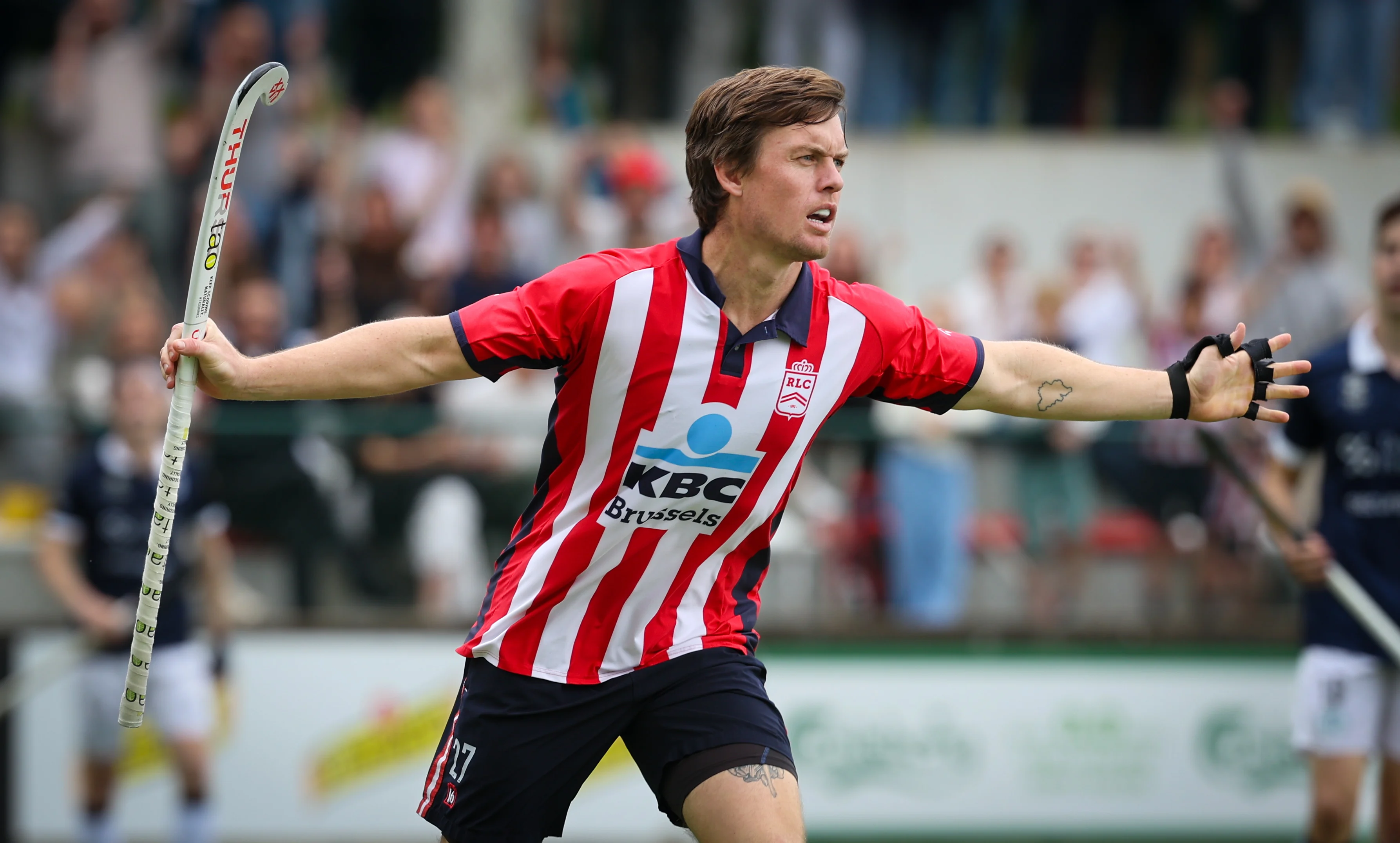 Leopold's Tom Boon celebrates after scoring during a hockey game between Royal Leopold Club and Gantoise, Sunday 05 May 2024, in Brussels, a return game in the Play-offs semi finals of the Belgian first division hockey championship. BELGA PHOTO VIRGINIE LEFOUR