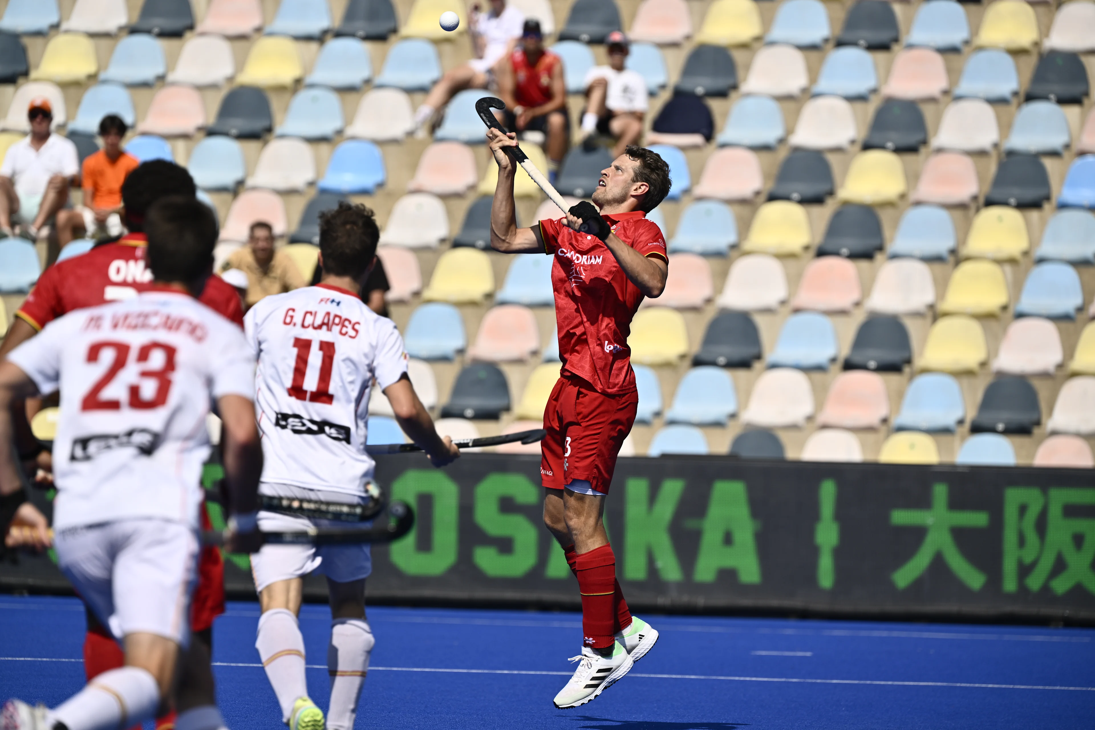 Belgium's Nicolas de Kerpel pictured in action during a hockey game between Spain and the Belgian national team Red Lions, match 3/3 in the pool stage of the 2025 men's European championships, Tuesday 12 August 2025 in Monchengladbach, Germany. BELGA PHOTO ERIC LALMAND
