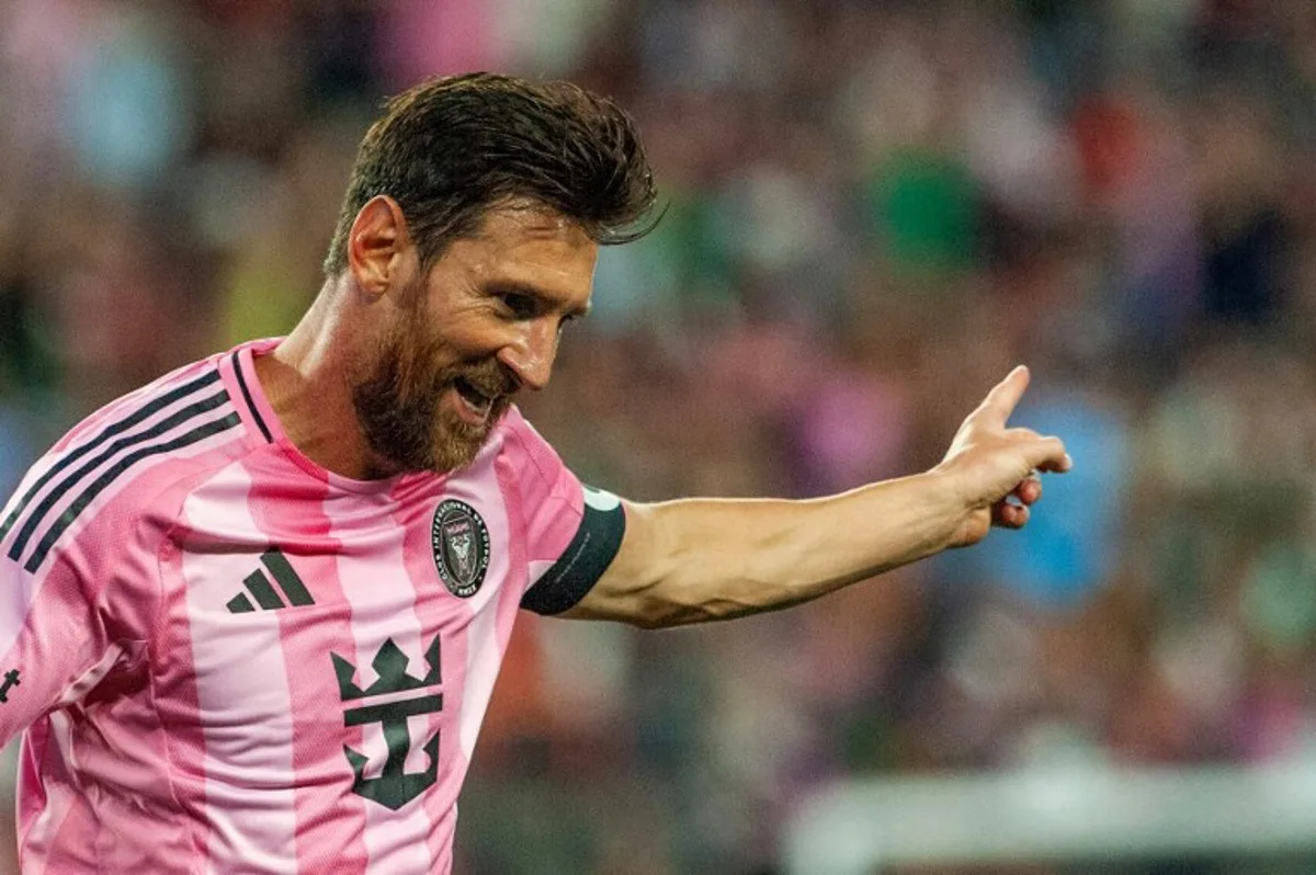 Inter Miami's Argentine forward #10 Lionel Messi celebrates after scoring a second goal during the Major League Soccer (MLS) regular season match between New England Revolution and Inter Miami CF at Gillette Stadium in Foxborough, Massachusetts on July 9, 2025. Joseph Prezioso / AFP