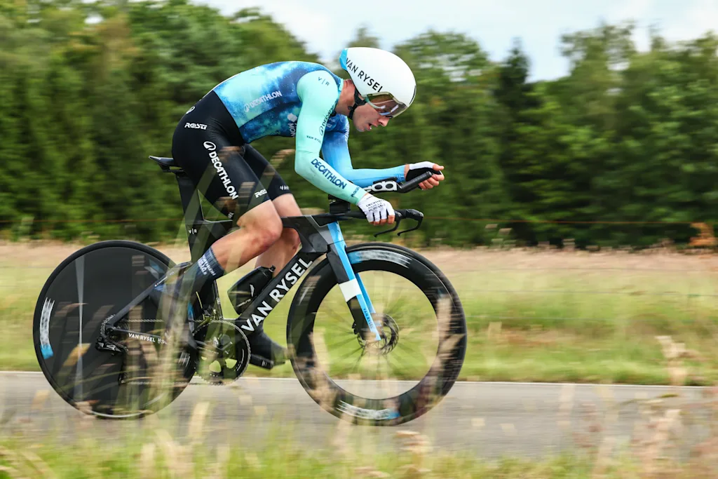 French Pierre Gautherat of Decathlon Ag2r La Mondiale Team pictured in action during the first stage of the Baloise Belgium Tour cycling race, an individual time trial of 12km, in Koersel, on Wednesday 12 June 2024. BELGA PHOTO DAVID PINTENS